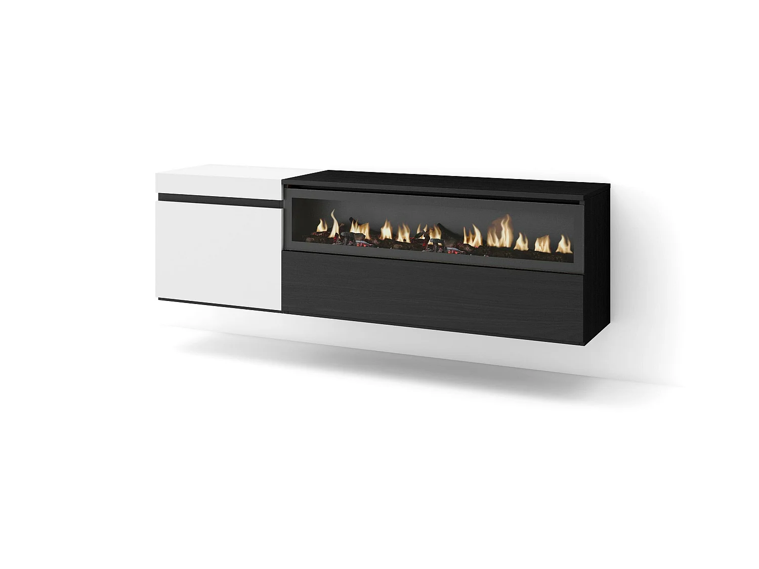Meuble TV, Banc Télé, 150x35x45cm, Pour les TV jusqu'à 65", Cheminée électrique, Suspendu, Mural, Blanc et noir