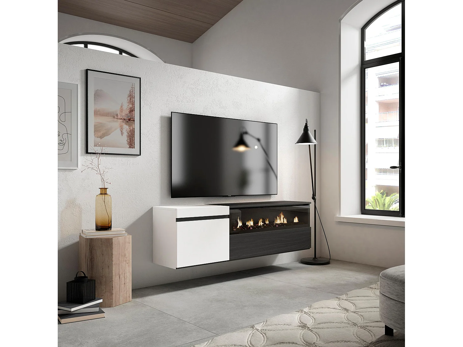 TV-Meubel, Lowboard, 150x35x45cm, Voor tv's tot 65", Elektrische haard, Hangend, Wit en Zwart