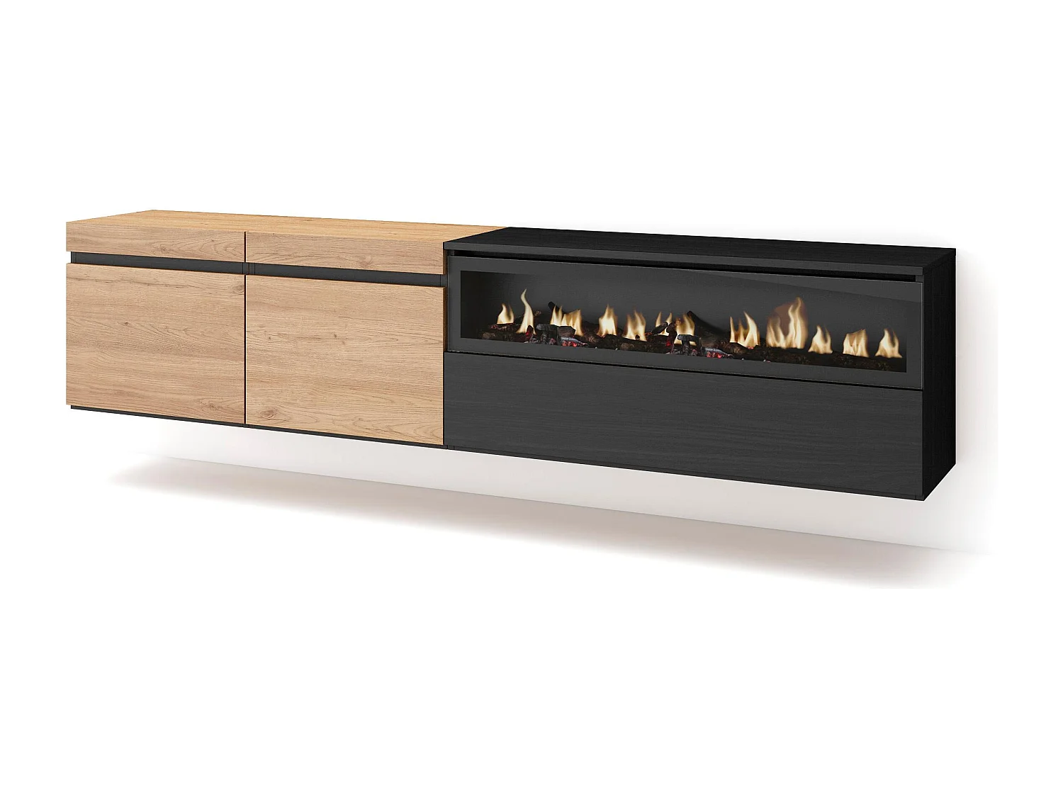 TV-Schrank, Lowboard, 200x35x45cm, Für TV-Geräte bis zu 80", Elektrokamin, Hängend, Eiche Schwarz