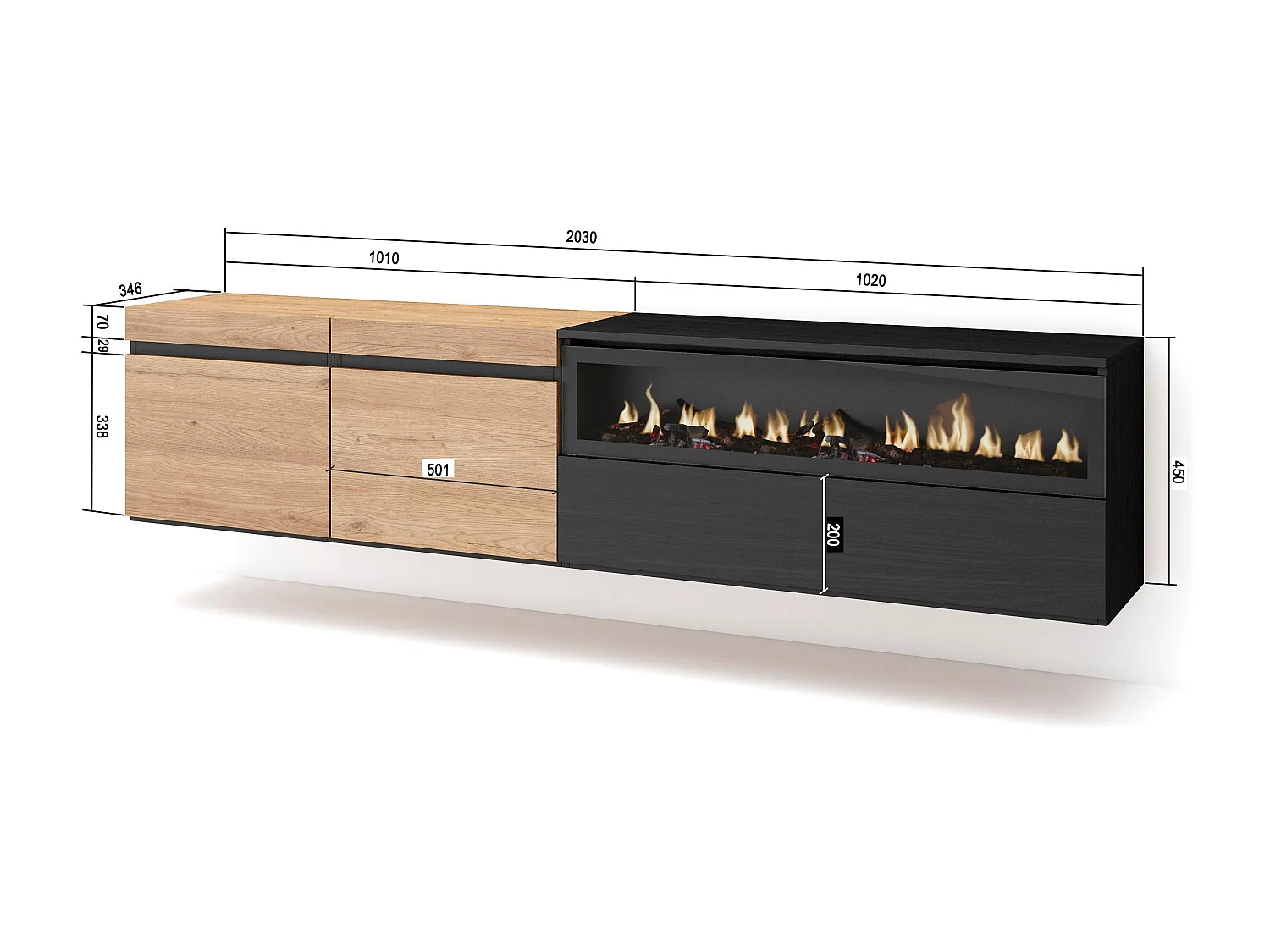 TV-Schrank, Lowboard, 200x35x45cm, Für TV-Geräte bis zu 80", Elektrokamin, Hängend, Eiche Schwarz