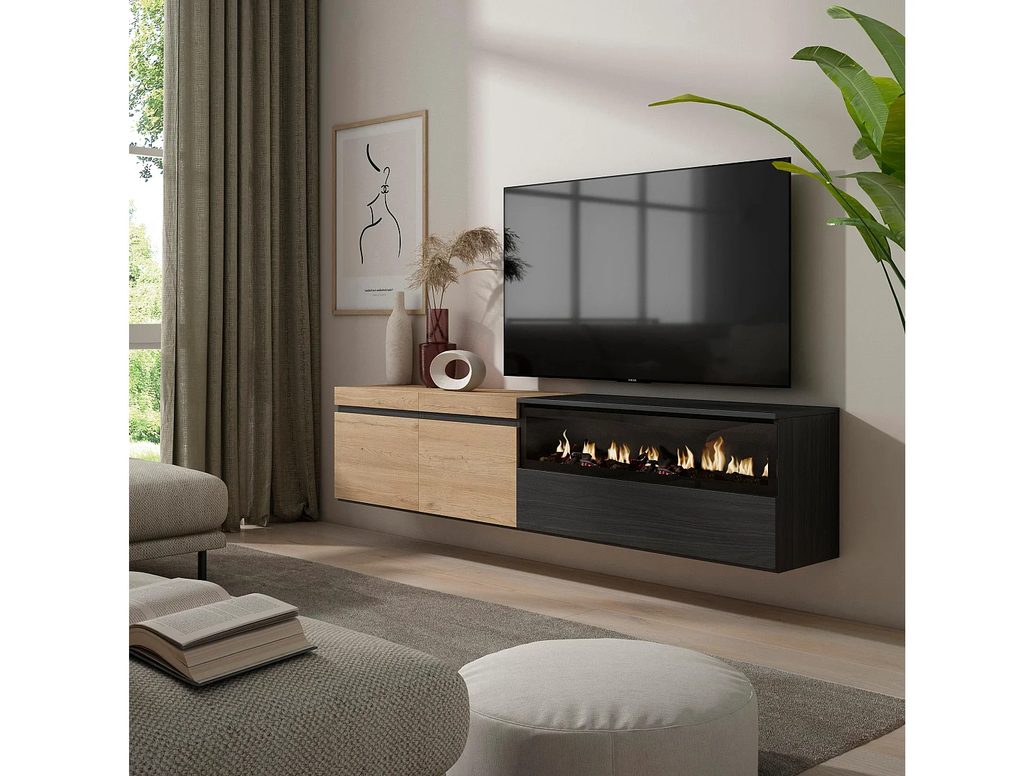 TV-Meubel, Lowboard, 200x35x45cm, Voor tv's tot 80", Elektrische haard, Hangend, Eiken/Zwart