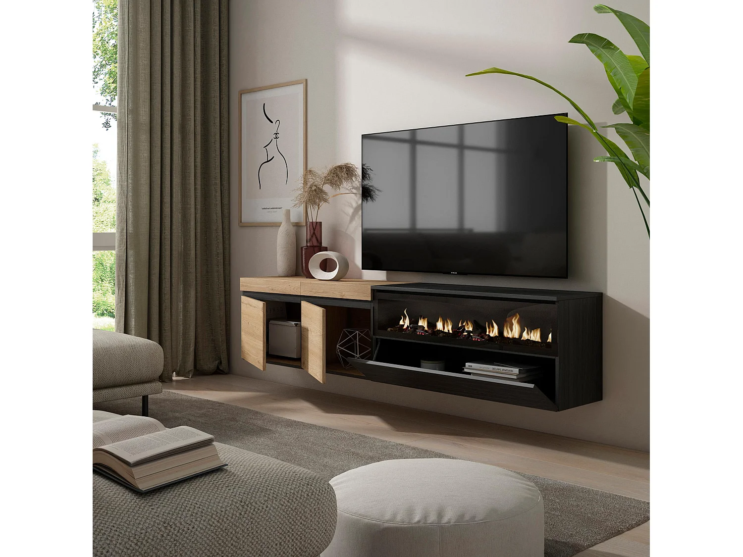 TV-Meubel, Lowboard, 200x35x45cm, Voor tv's tot 80", Elektrische haard, Hangend, Eiken/Zwart