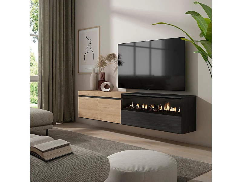 Meuble TV, Banc Télé, 200x35x45cm, Pour les TV jusqu'à 80", Cheminée électrique, Suspendu, Mural, Chêne et noir
