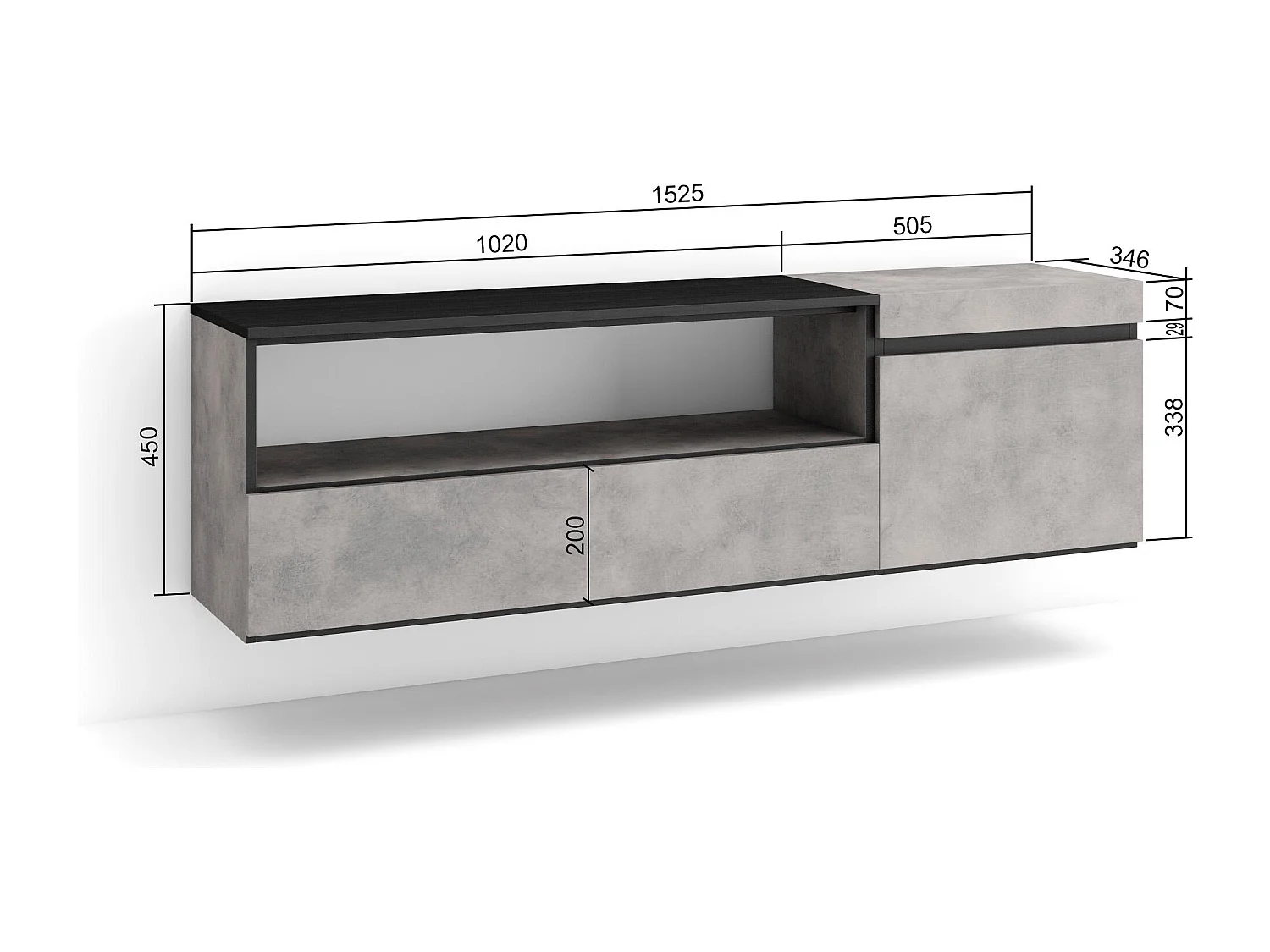 Mueble TV, Televisión, 150x35x45cm, Para TV hasta 65", Colgado, Suspendido, Cemento