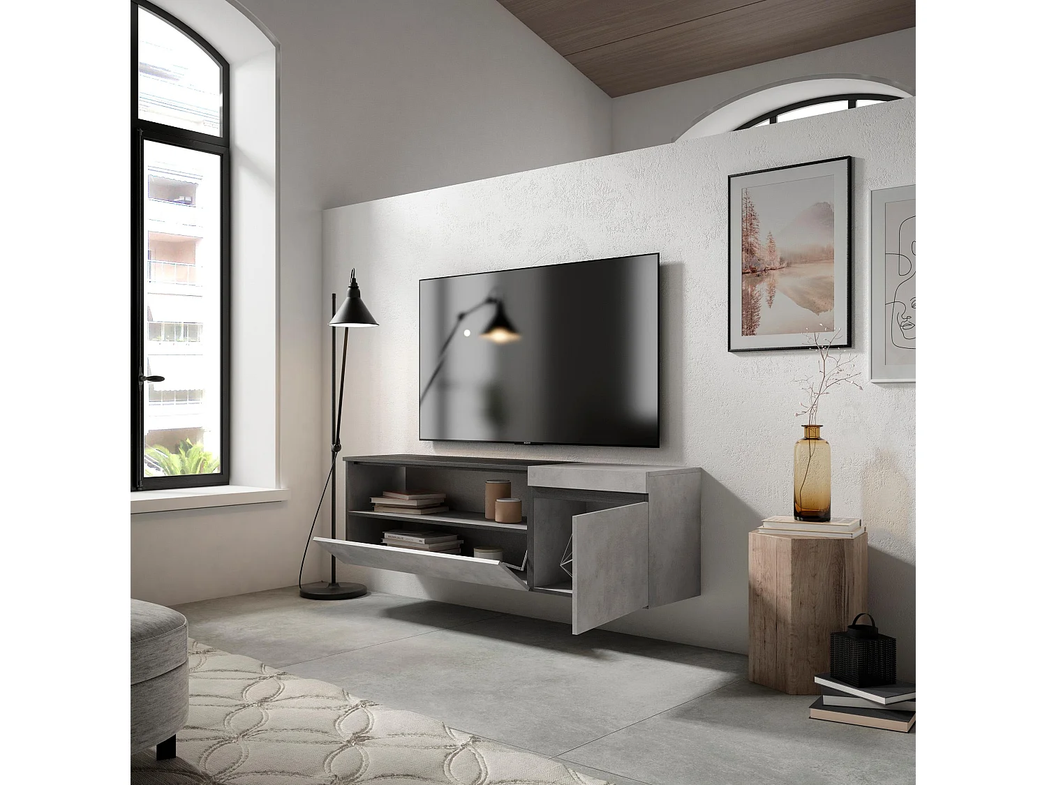 Meuble TV, Banc Télé, 150x35x45cm, Pour les TV jusqu'à 65", Suspendu, Mural, Ciment