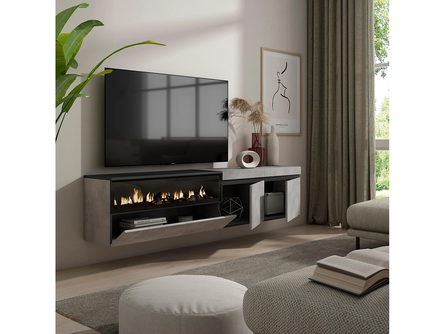 TV-Meubel, Lowboard, 200x35x45cm, Voor tv's tot 80", Elektrische haard, Hangend, Cement