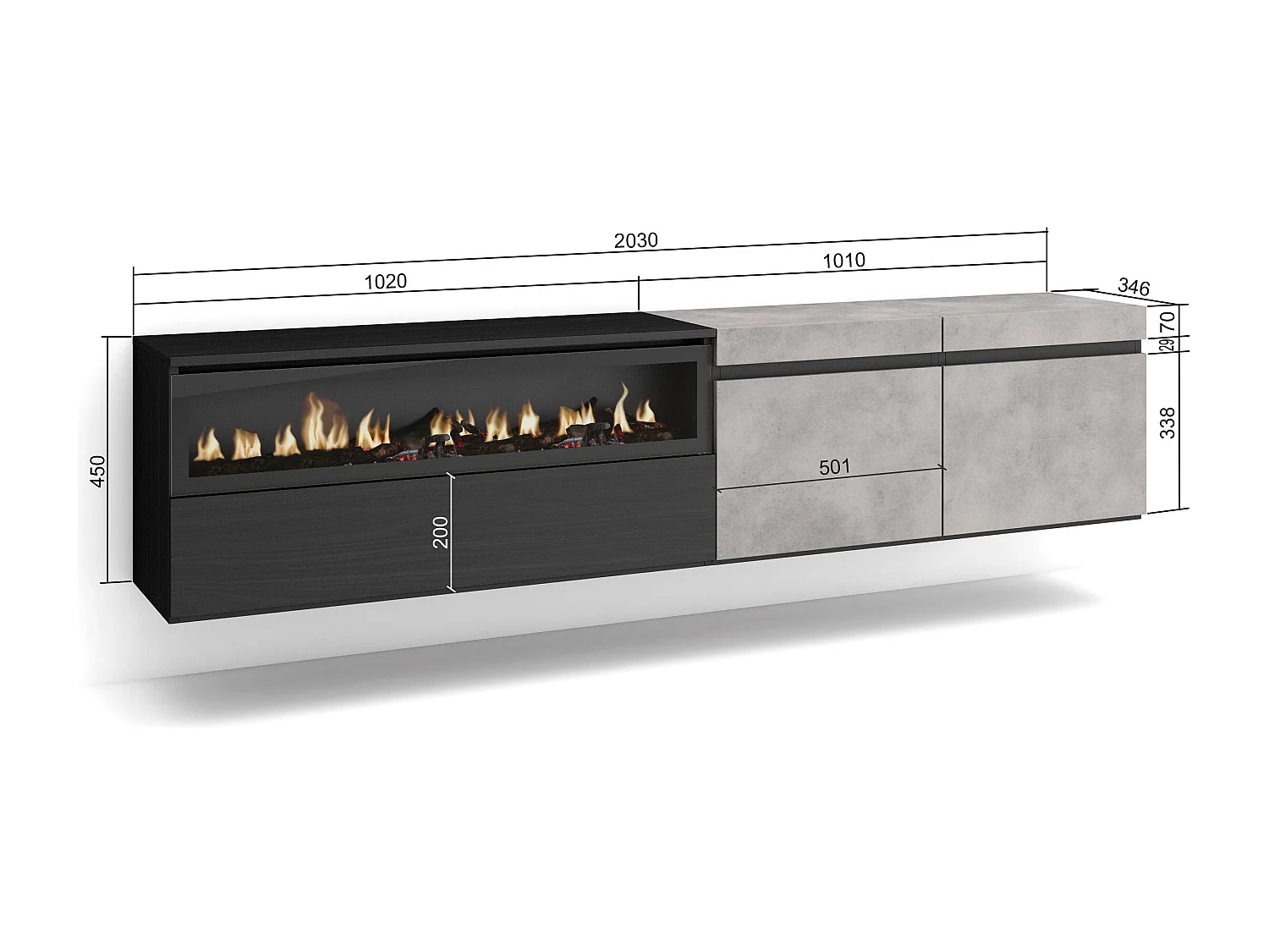 TV-Meubel, Lowboard, 200x35x45cm, Voor tv's tot 80", Elektrische haard, Hangend, Cement