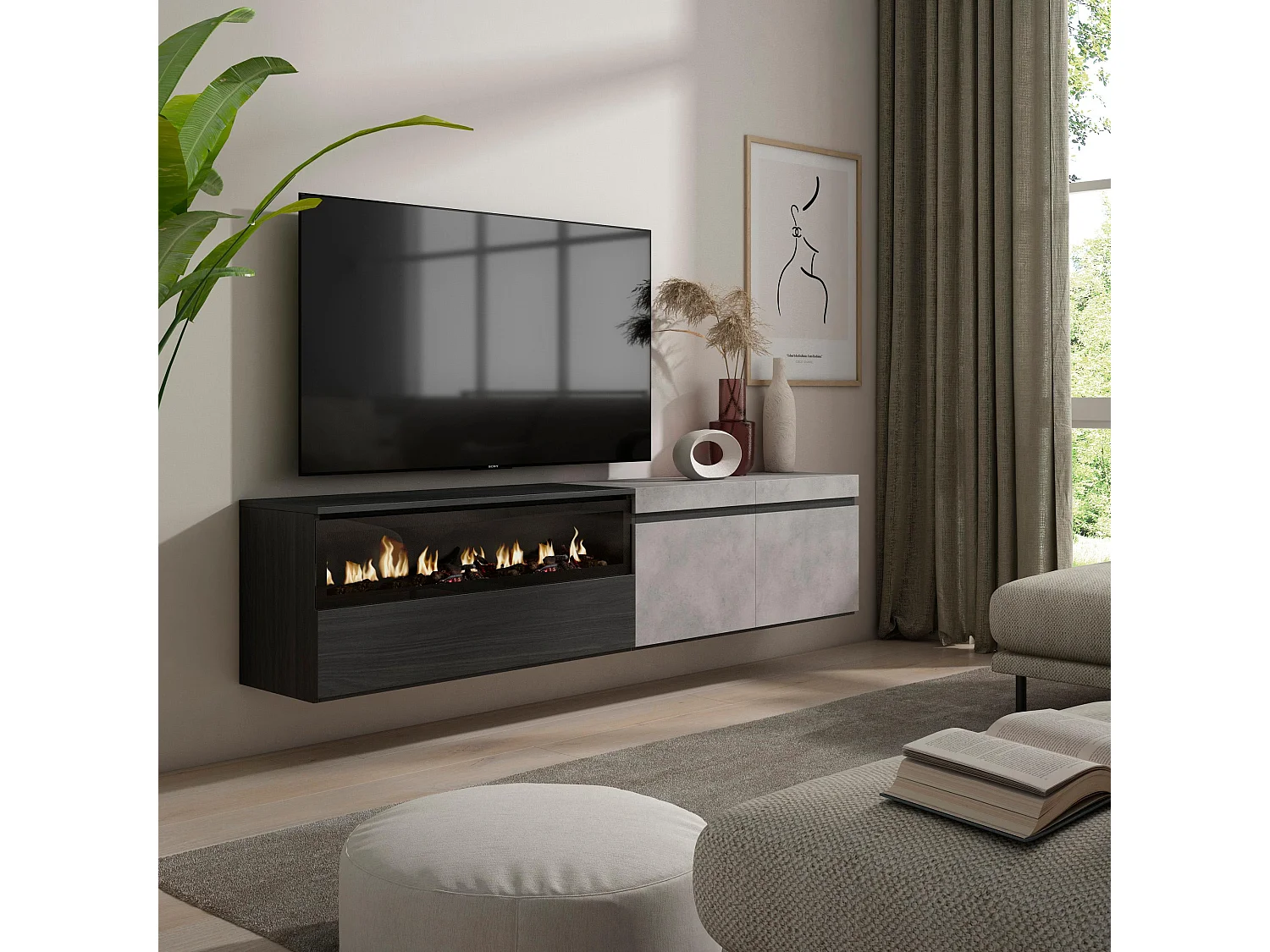 TV-Meubel, Lowboard, 200x35x45cm, Voor tv's tot 80", Elektrische haard, Hangend, Cement