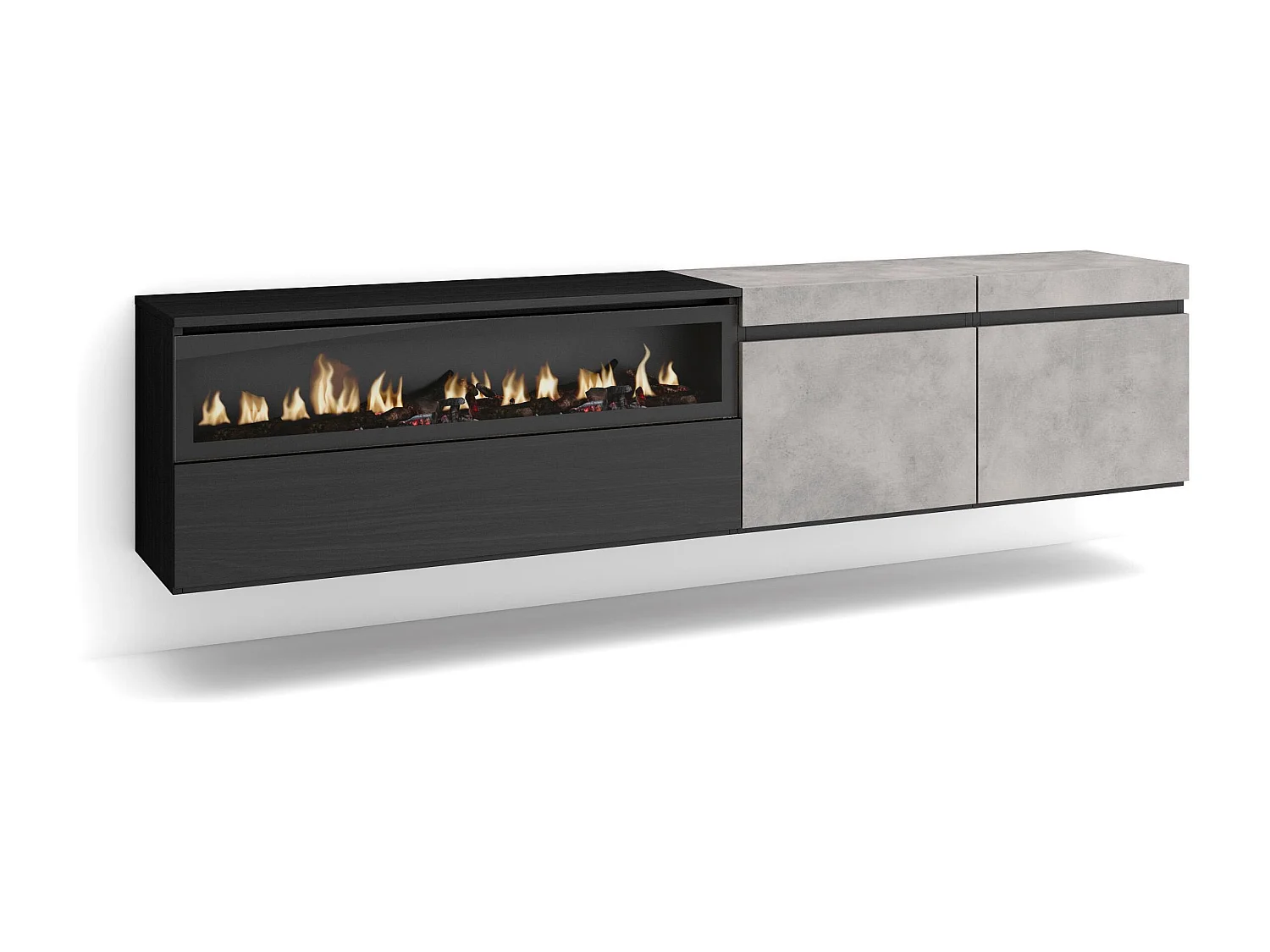 TV-Meubel, Lowboard, 200x35x45cm, Voor tv's tot 80", Elektrische haard, Hangend, Cement