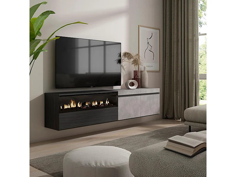 TV-Meubel, Lowboard, 200x35x45cm, Voor tv's tot 80", Elektrische haard, Hangend, Cement