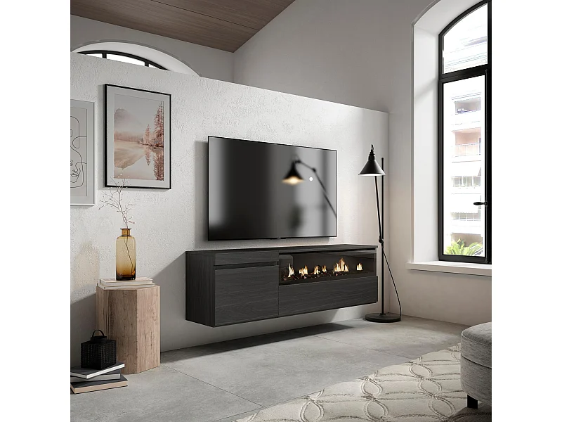 TV-Schrank, Lowboard, 150x35x45cm, Für TV-Geräte bis zu 65", Elektrokamin, Hängend, Schwarz