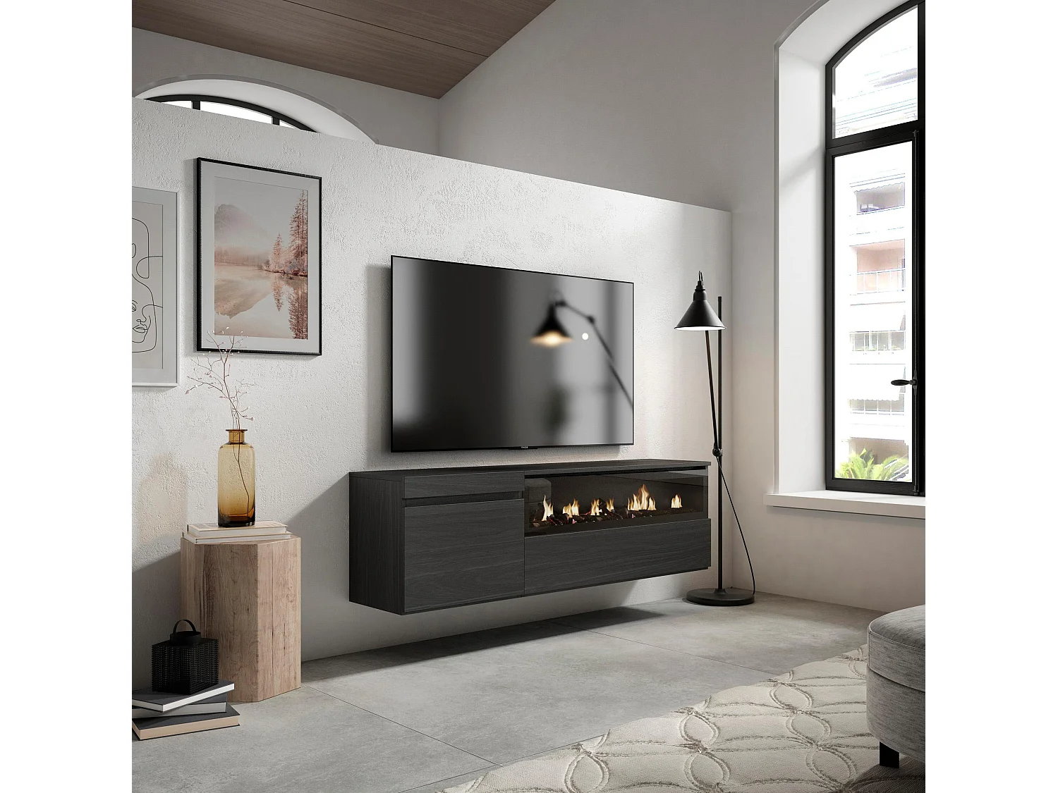 TV-Meubel, Lowboard, 150x35x45cm, Voor tv's tot 65", Elektrische haard, Hangend, Zwart