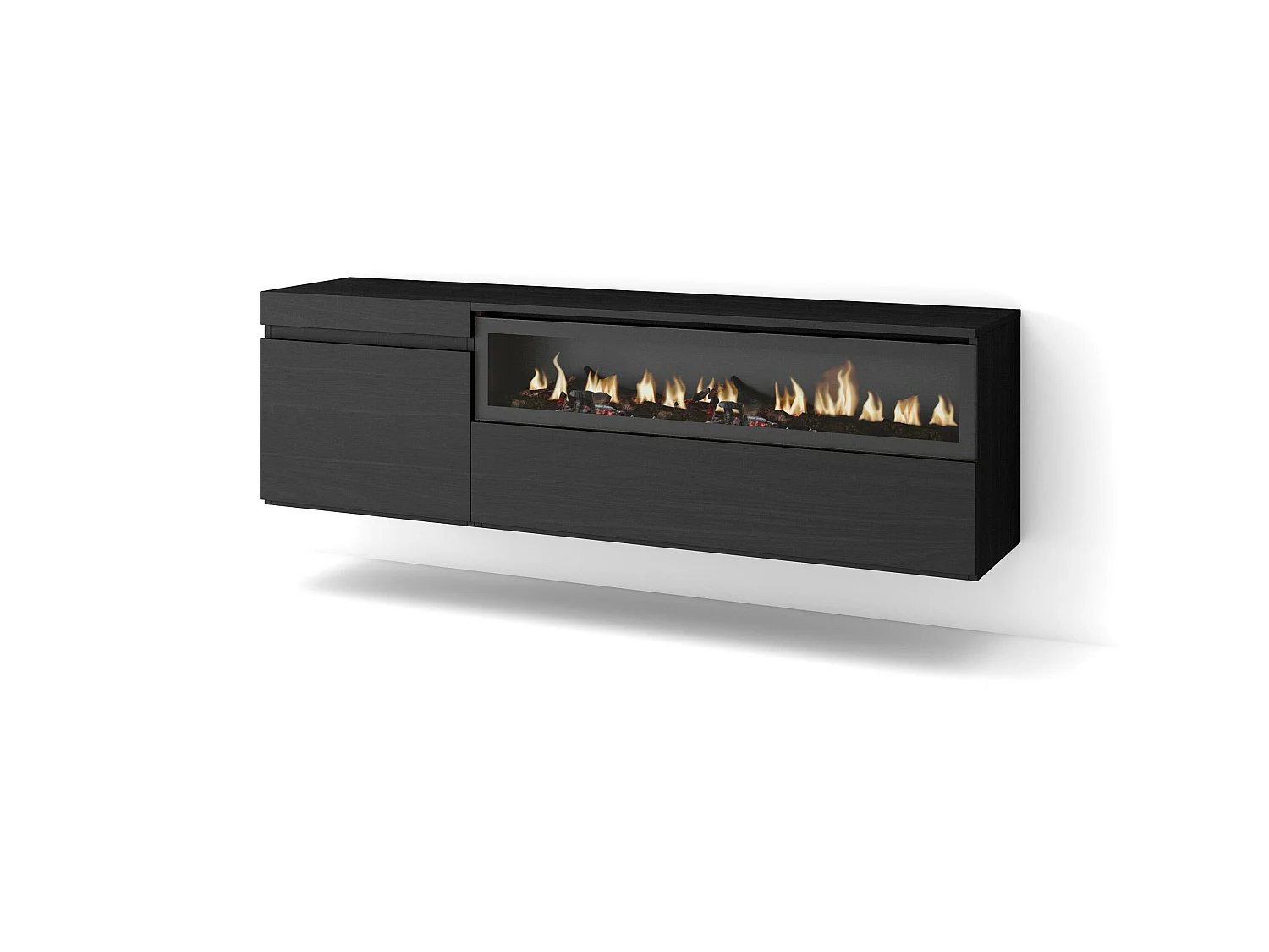 Meuble TV, Banc Télé, 150x35x45cm, Pour les TV jusqu'à 65", Cheminée électrique, Suspendu, Mural, Noir