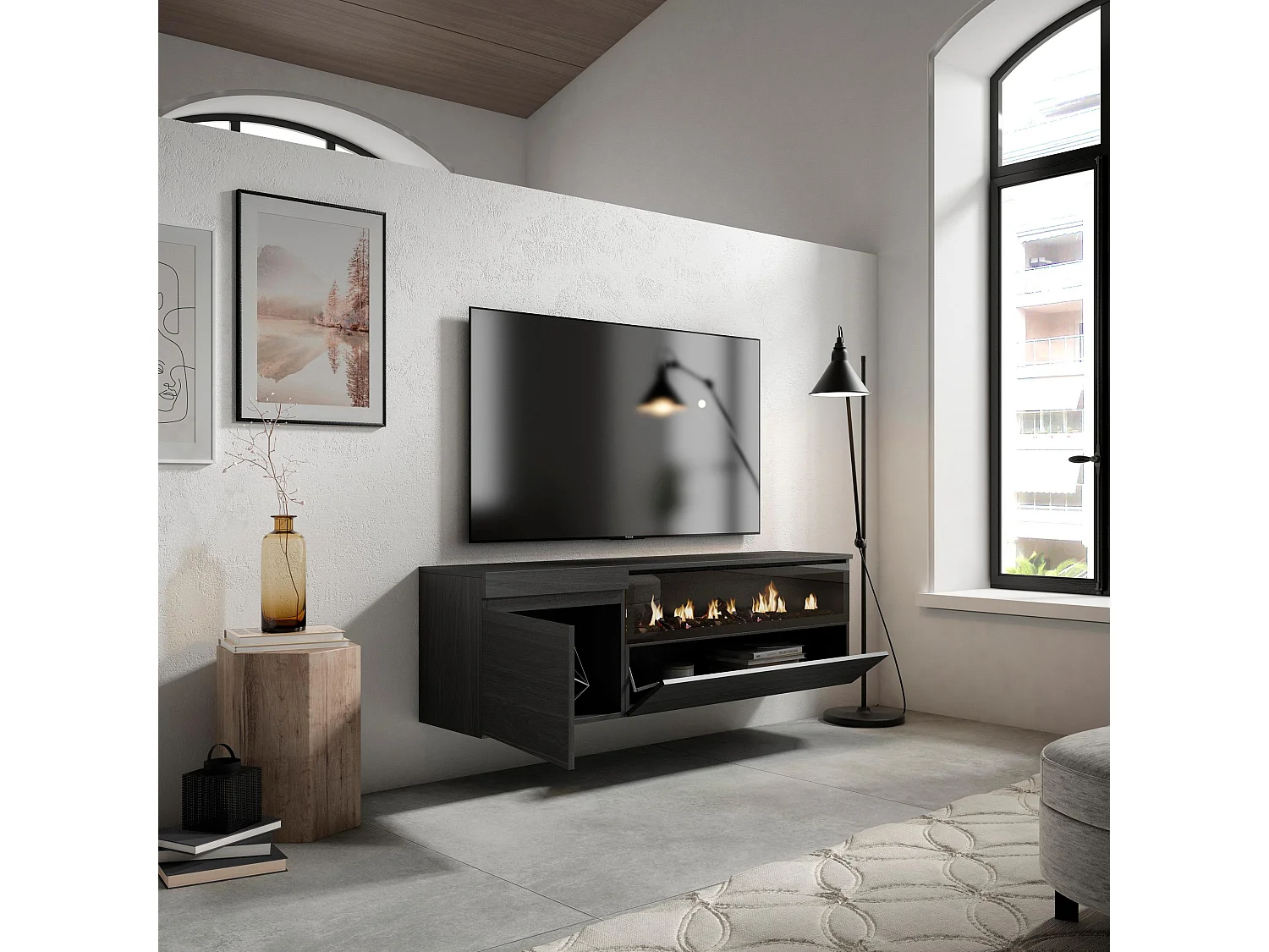 Meuble TV, Banc Télé, 150x35x45cm, Pour les TV jusqu'à 65", Cheminée électrique, Suspendu, Mural, Noir