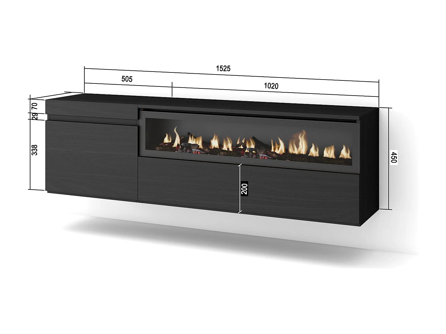 Meuble TV, Banc Télé, 150x35x45cm, Pour les TV jusqu'à 65", Cheminée électrique, Suspendu, Mural, Noir