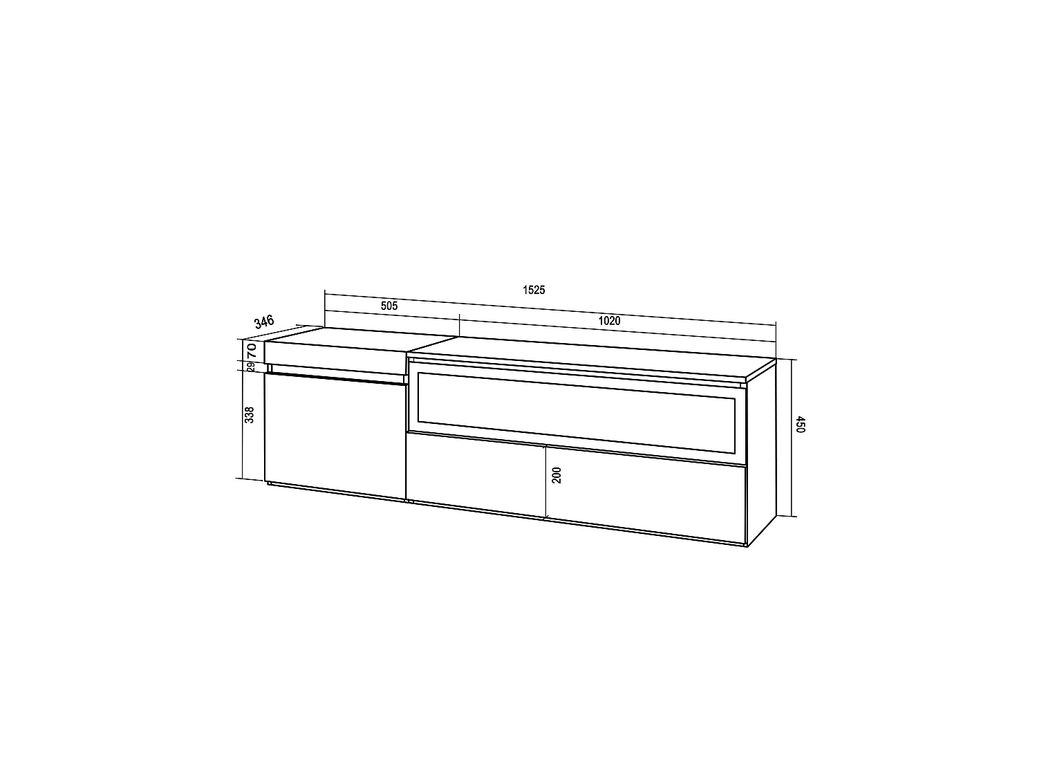 TV-Meubel, Lowboard, 150x35x45cm, Voor tv's tot 65", Elektrische haard, Hangend, Zwart