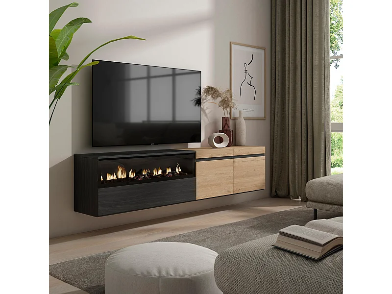 TV-Schrank, Lowboard, 200x35x45cm, Für TV-Geräte bis zu 80", Elektrokamin, Hängend, Eiche Schwarz