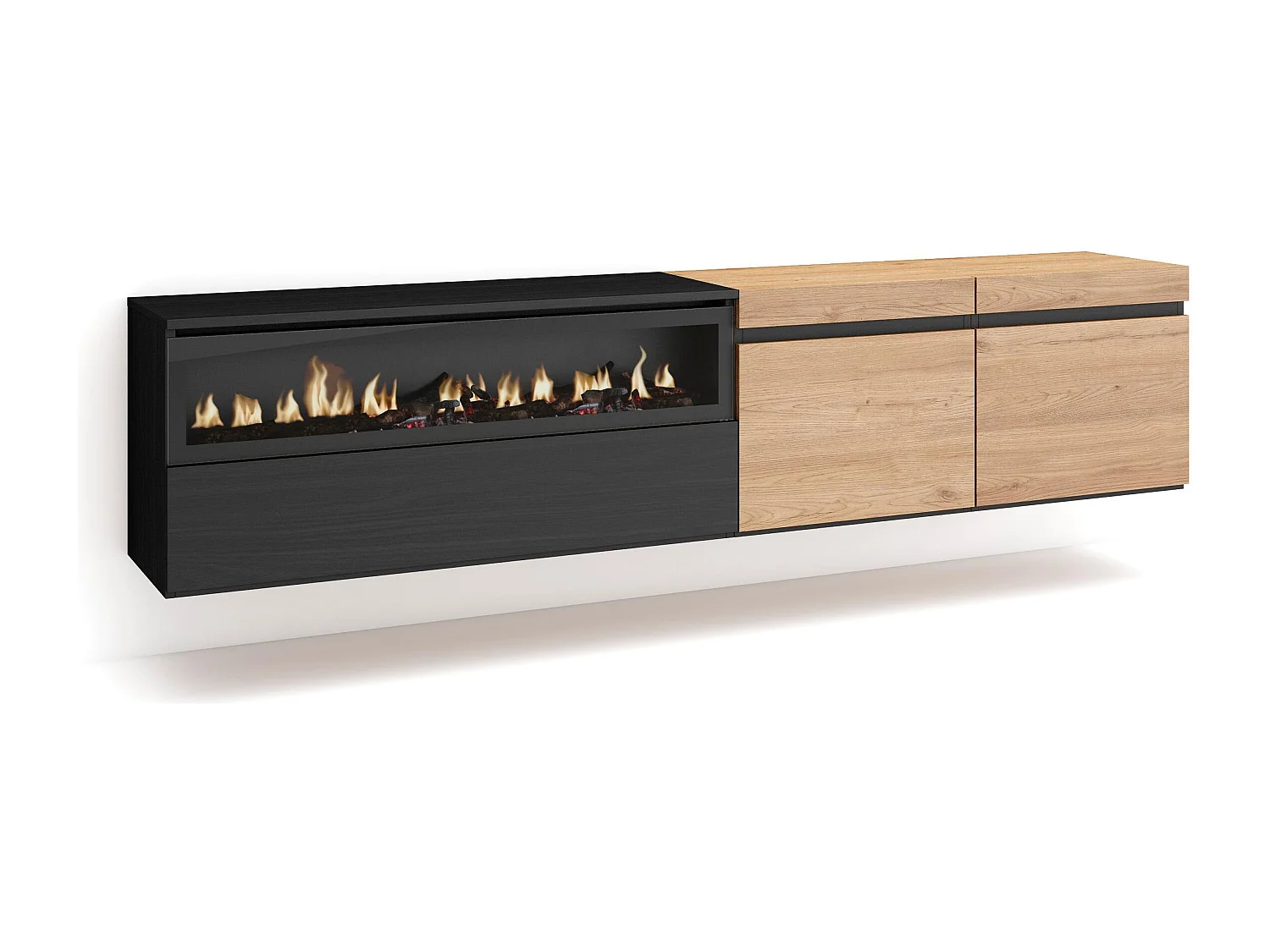 TV-Schrank, Lowboard, 200x35x45cm, Für TV-Geräte bis zu 80", Elektrokamin, Hängend, Eiche Schwarz