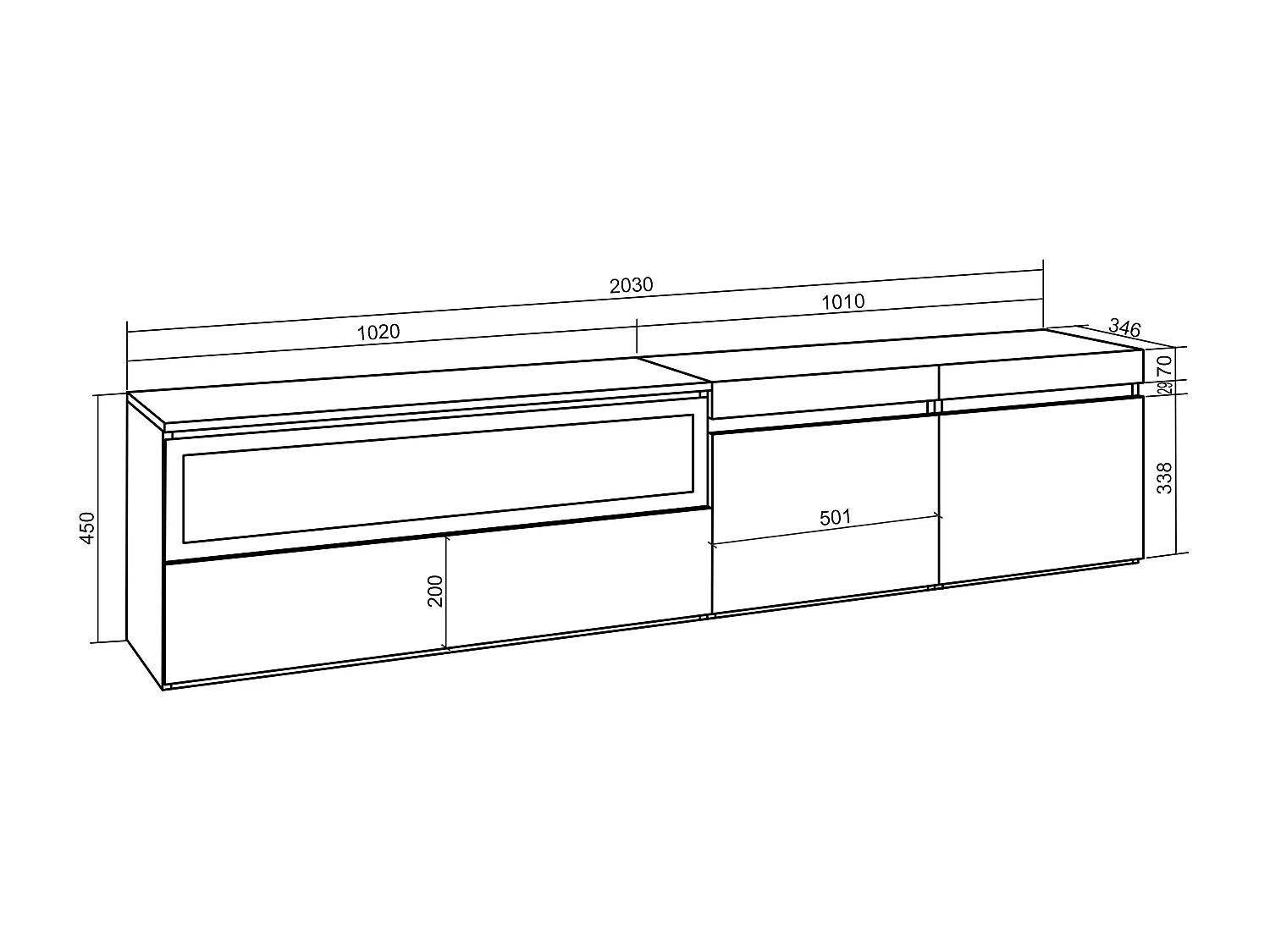 TV-Schrank, Lowboard, 200x35x45cm, Für TV-Geräte bis zu 80", Elektrokamin, Hängend, Eiche Schwarz