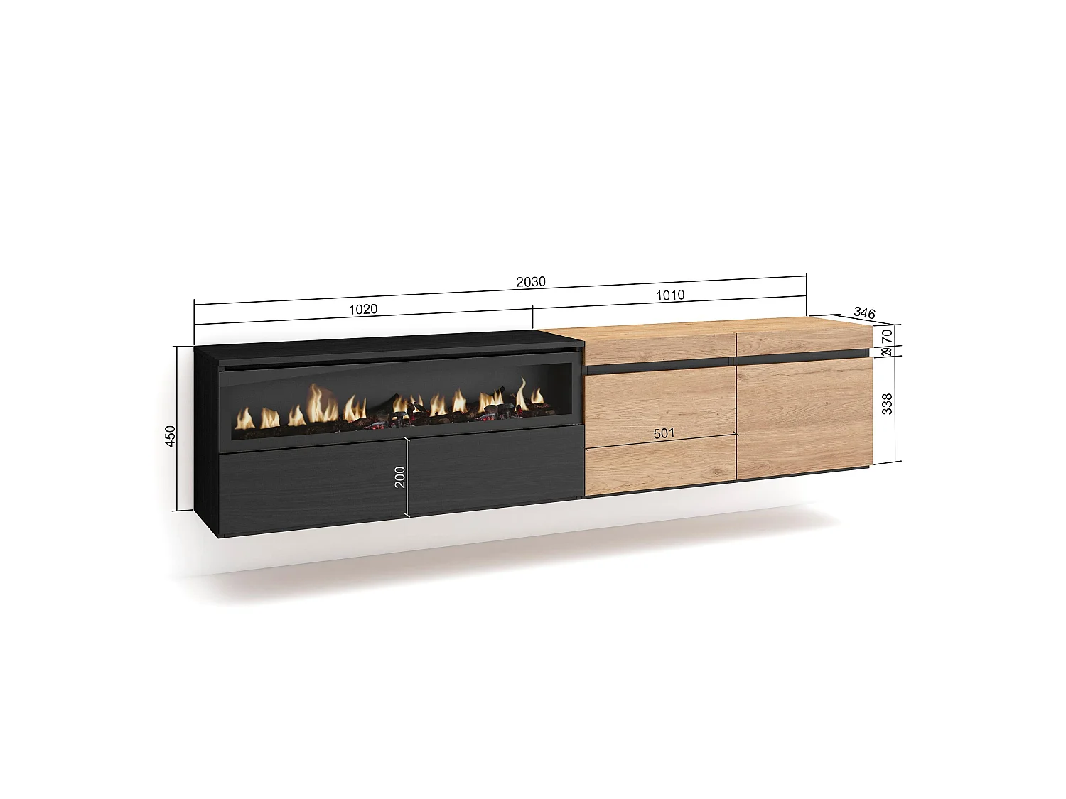 Meuble TV, Banc Télé, 200x35x45cm, Pour les TV jusqu'à 80", Cheminée électrique, Suspendu, Mural, Chêne et noir