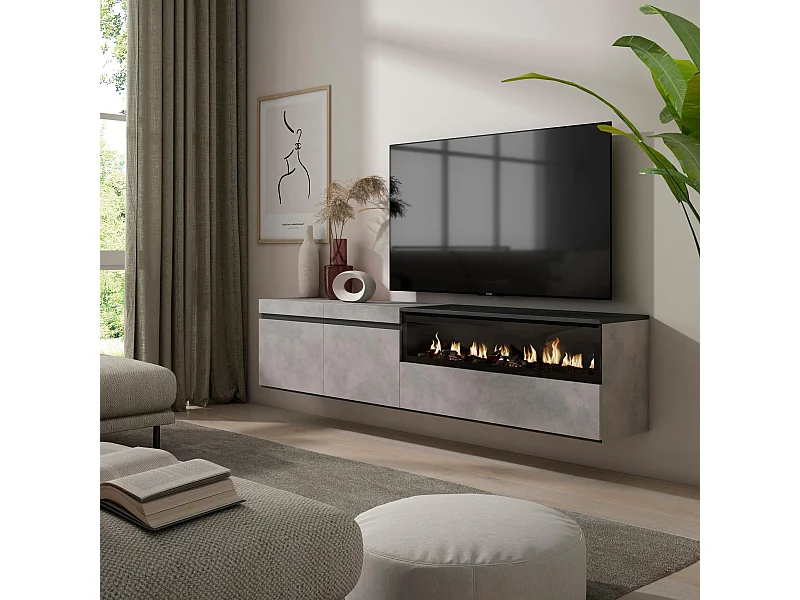 Mobile TV Soggiorno, 200x35x45cm, Per TV fino a 80", Camino elettrico, Sospeso, da appendere, Cemento