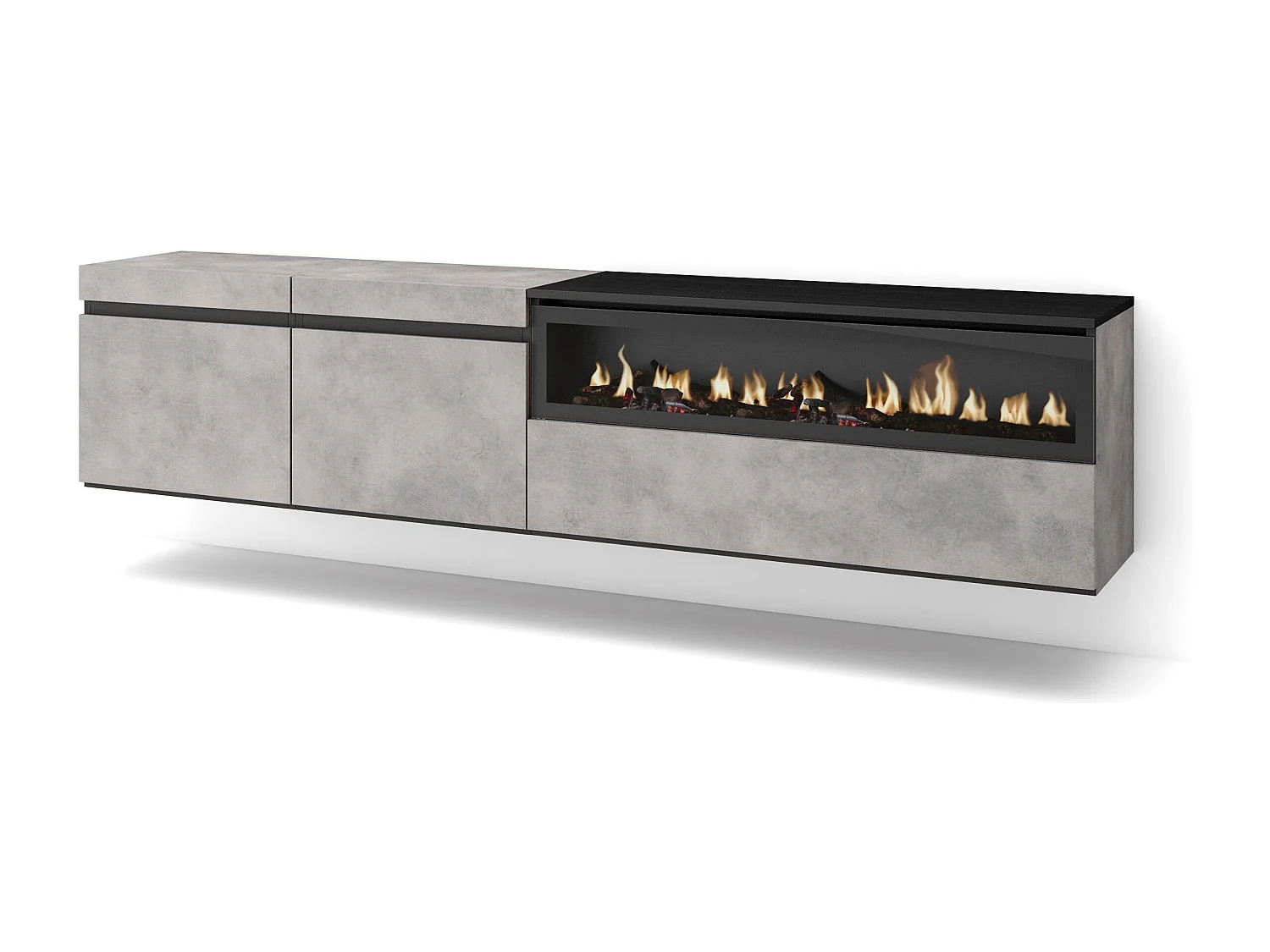 TV-Meubel, Lowboard, 200x35x45cm, Voor tv's tot 80", Elektrische haard, Hangend, Cement