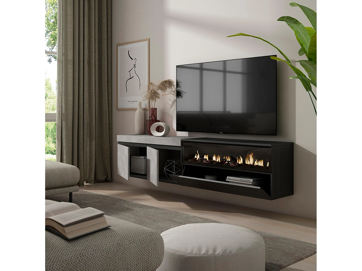 TV-Meubel, Lowboard, 200x35x45cm, Voor tv's tot 80", Elektrische haard, Hangend, Cement