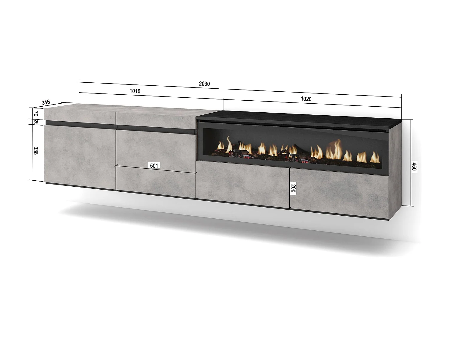 TV-Meubel, Lowboard, 200x35x45cm, Voor tv's tot 80", Elektrische haard, Hangend, Cement