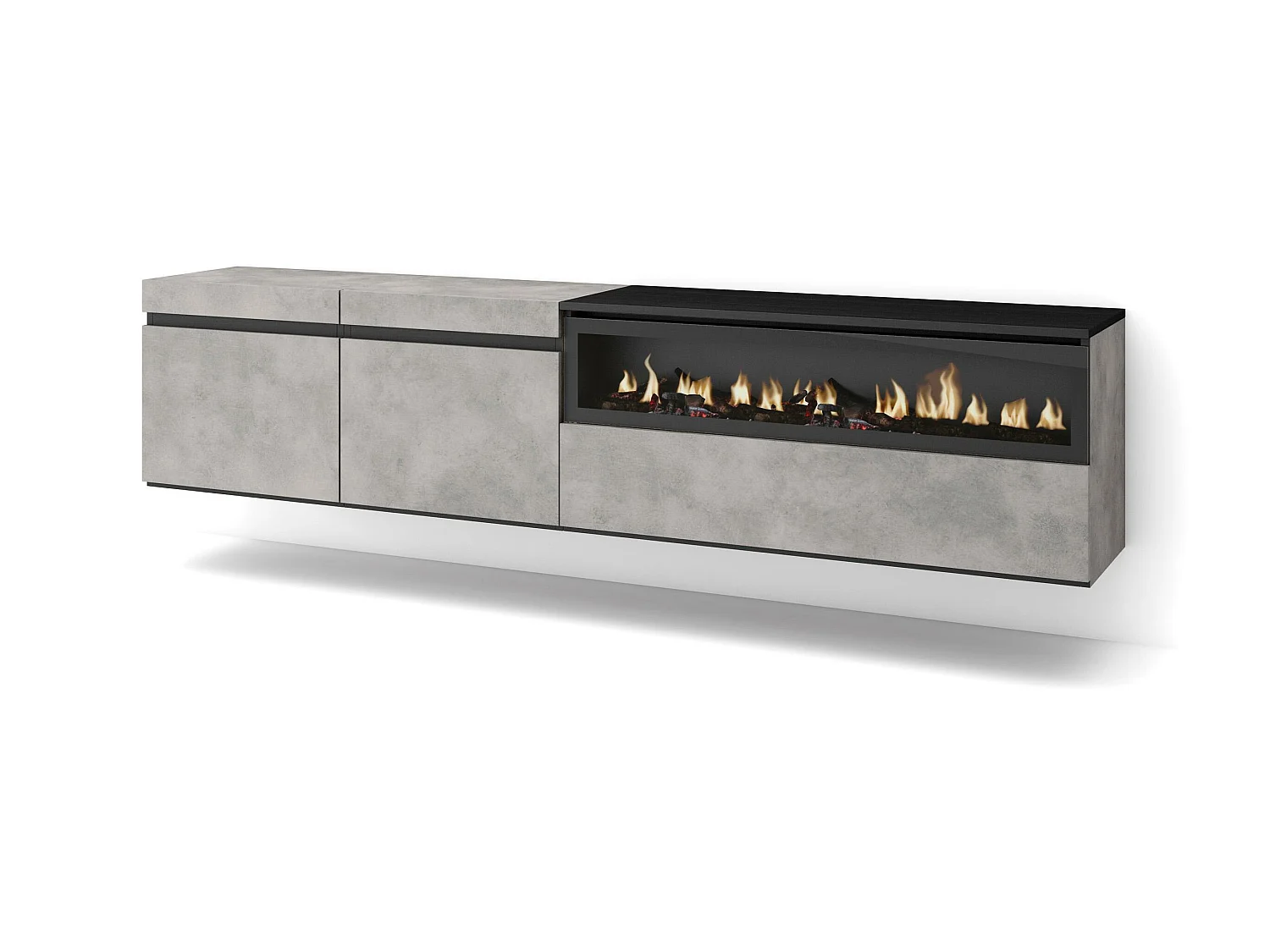 Mobile TV Soggiorno, 200x35x45cm, Per TV fino a 80", Camino elettrico, Sospeso, da appendere, Cemento