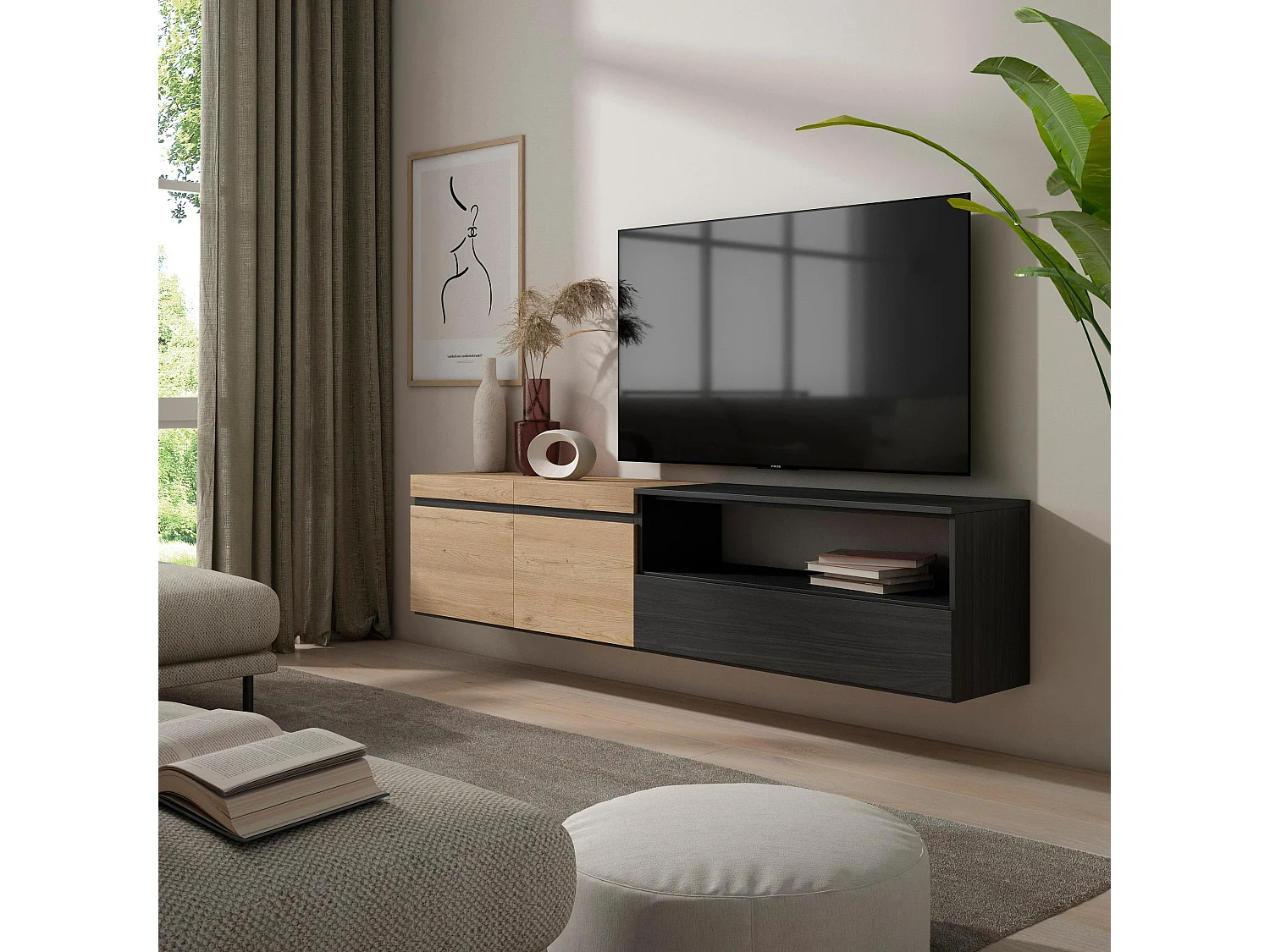 TV-Meubel, Lowboard, 200x35x45cm, Voor tv's tot 80", Hangend, Eiken/Zwart