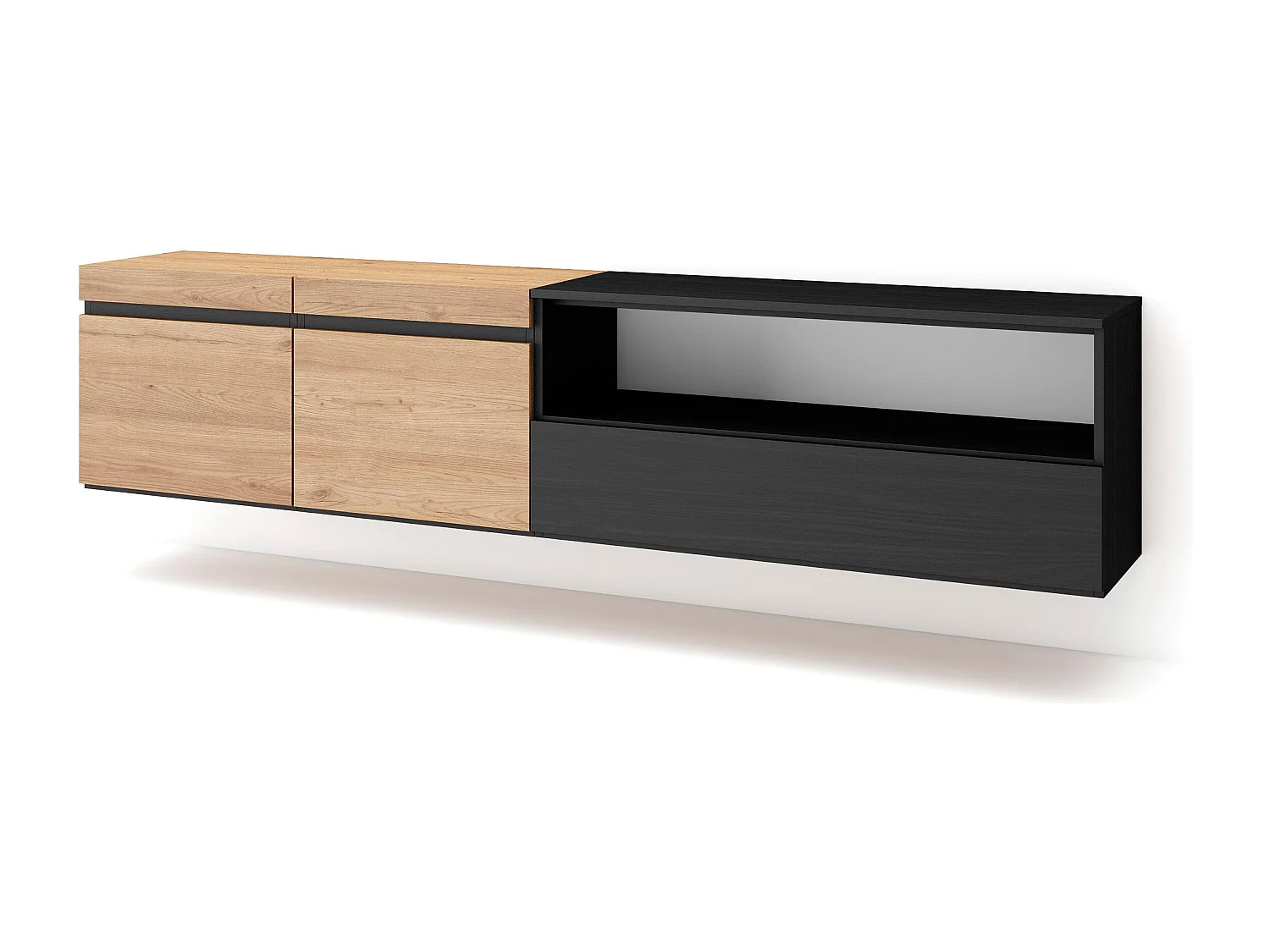 TV-Meubel, Lowboard, 200x35x45cm, Voor tv's tot 80", Hangend, Eiken/Zwart