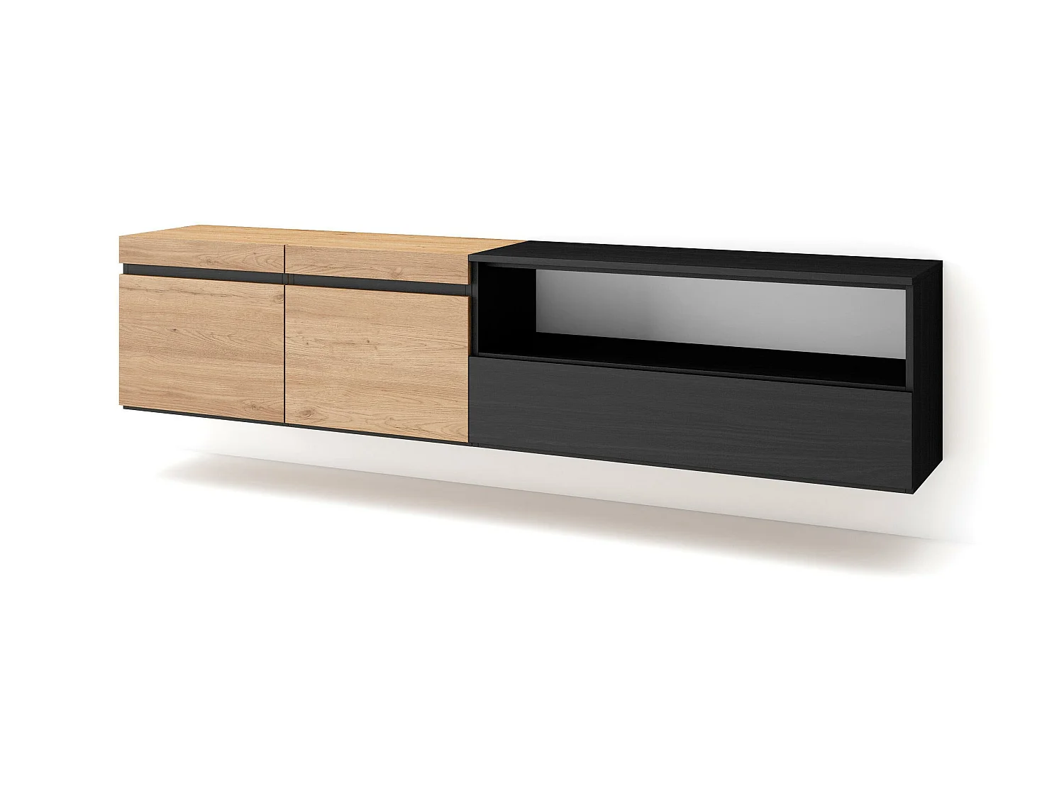 TV-Meubel, Lowboard, 200x35x45cm, Voor tv's tot 80", Hangend, Eiken/Zwart