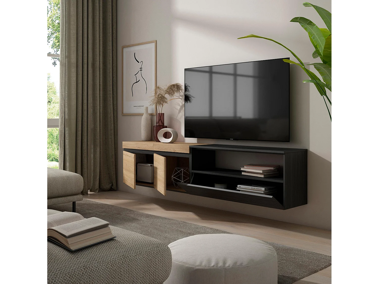 Meuble TV, Banc Télé, 200x35x45cm, Pour les TV jusqu'à 80", Suspendu, Mural, Chêne et noir