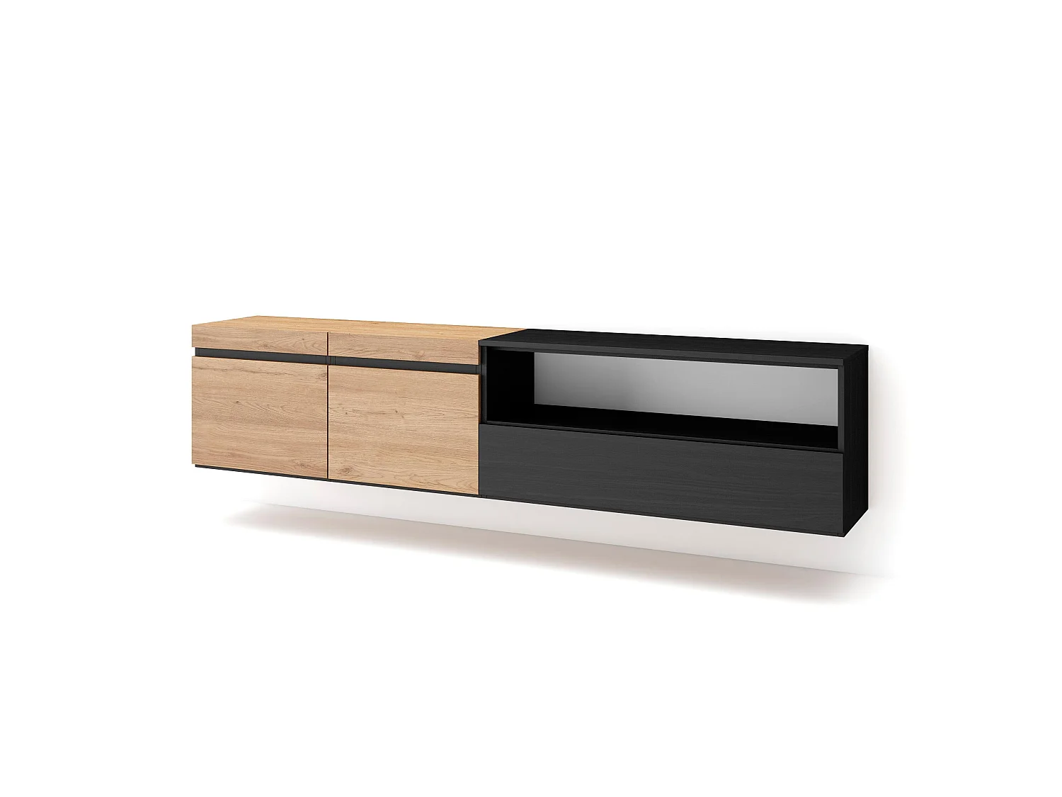 TV-Meubel, Lowboard, 200x35x45cm, Voor tv's tot 80", Hangend, Eiken/Zwart