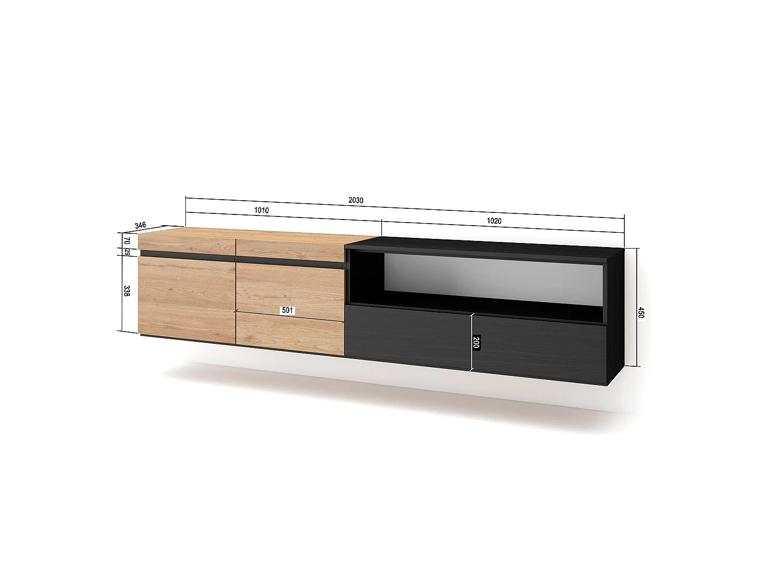 TV-Meubel, Lowboard, 200x35x45cm, Voor tv's tot 80", Hangend, Eiken/Zwart