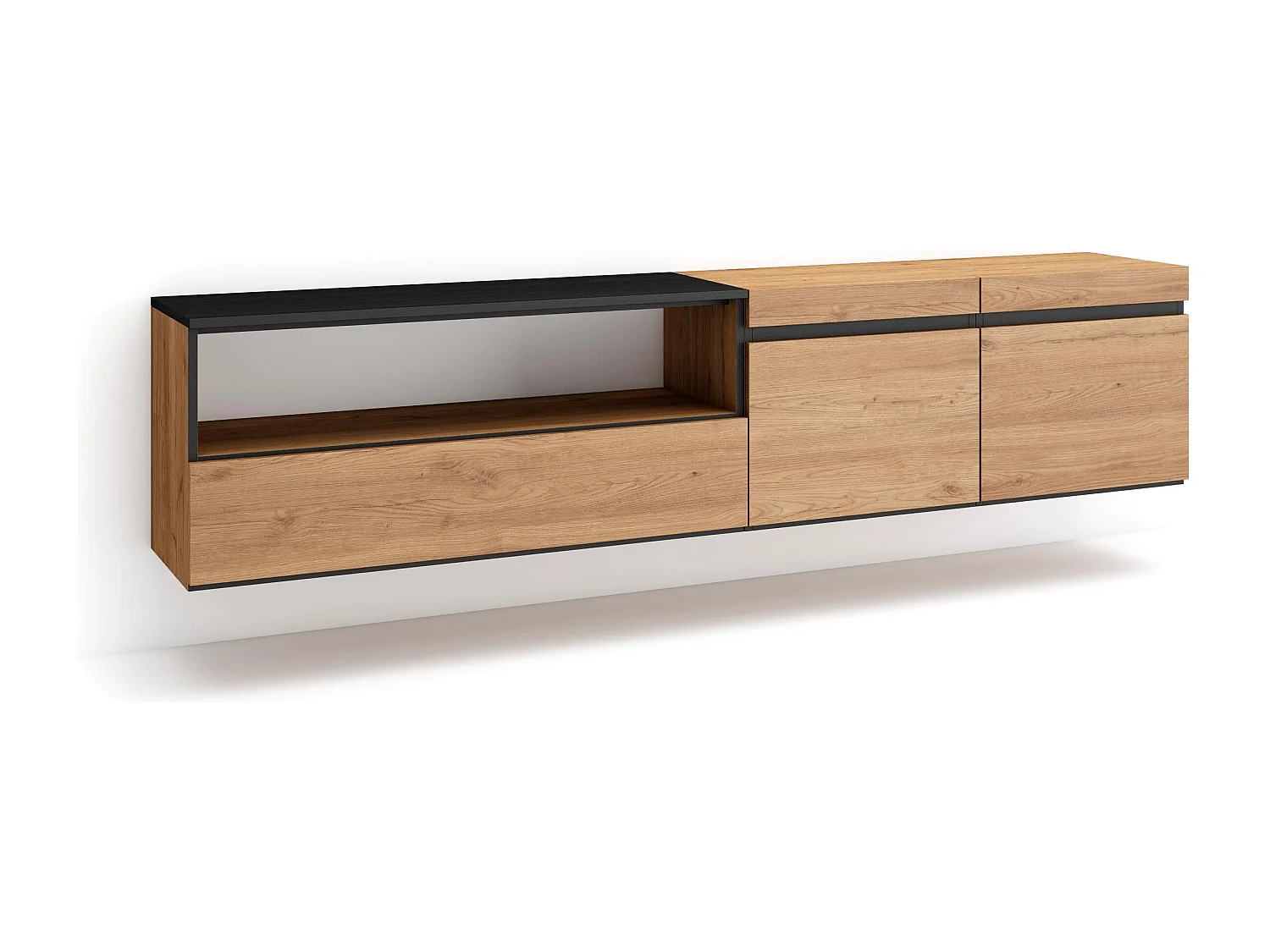 TV-Meubel, Lowboard, 200x35x45cm, Voor tv's tot 80", Hangend, Eiken/Zwart