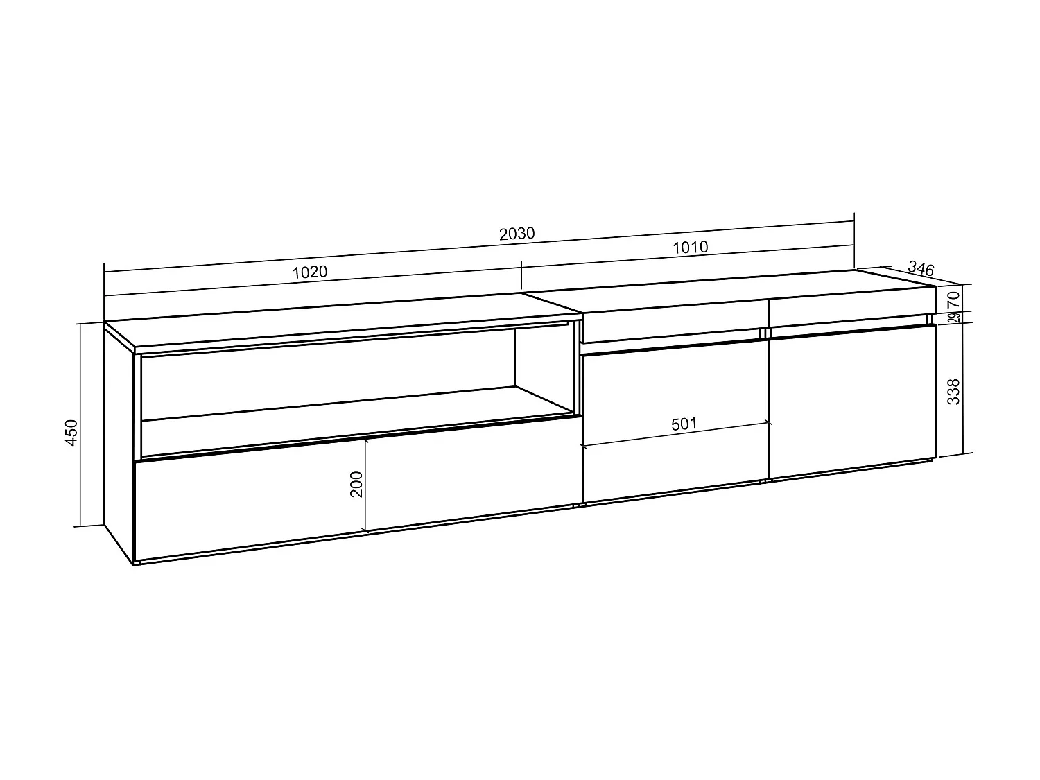 TV-Meubel, Lowboard, 200x35x45cm, Voor tv's tot 80", Hangend, Eiken/Zwart