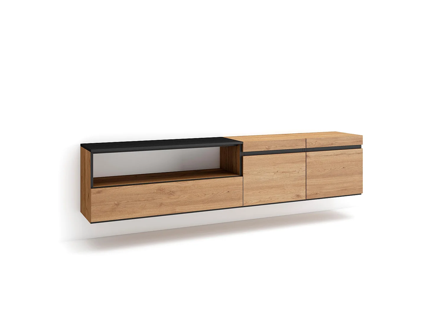 TV-Meubel, Lowboard, 200x35x45cm, Voor tv's tot 80", Hangend, Eiken/Zwart