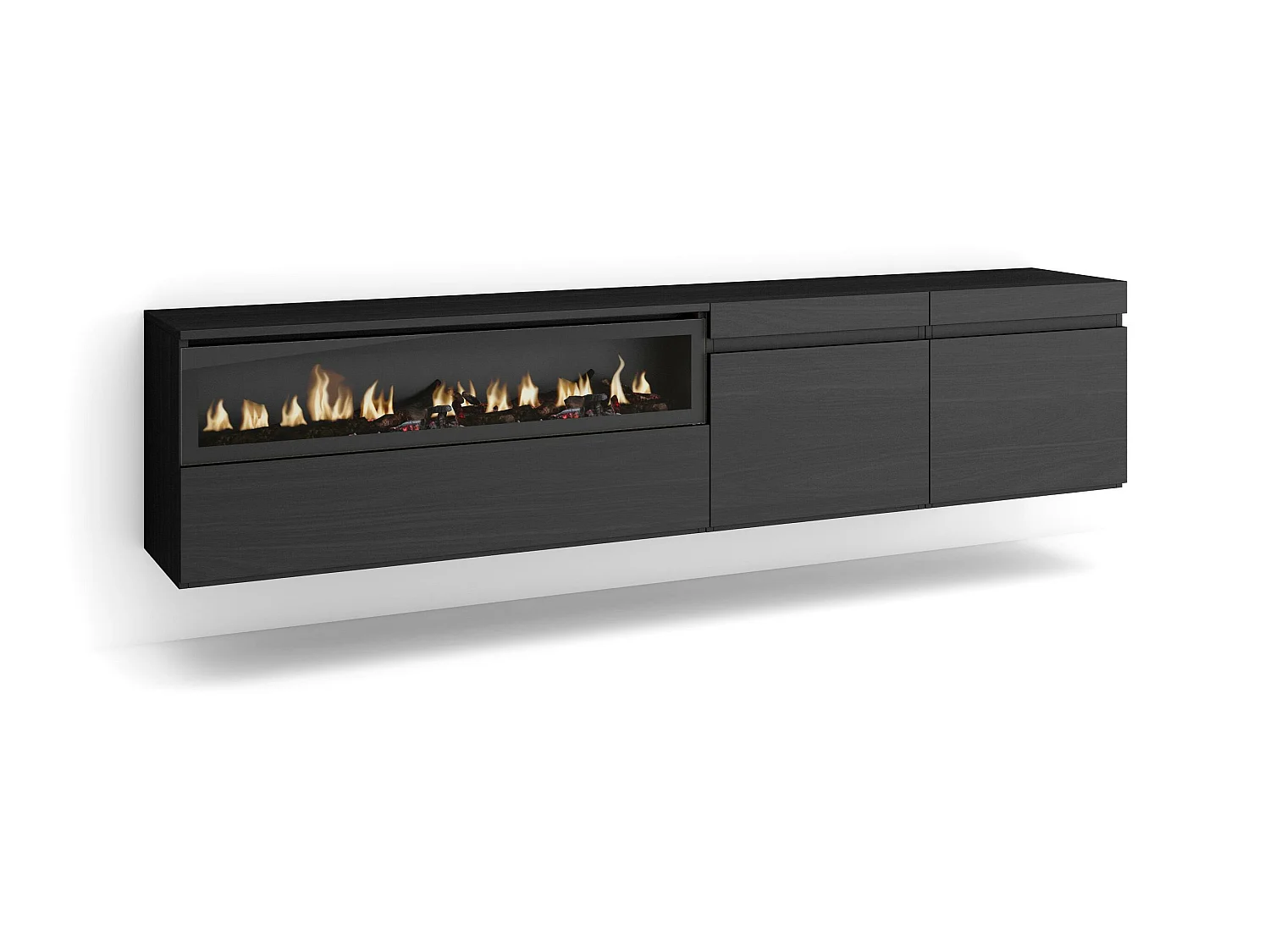 Meuble TV, Banc Télé, 200x35x45cm, Pour les TV jusqu'à 80", Cheminée électrique, Suspendu, Mural, Noir