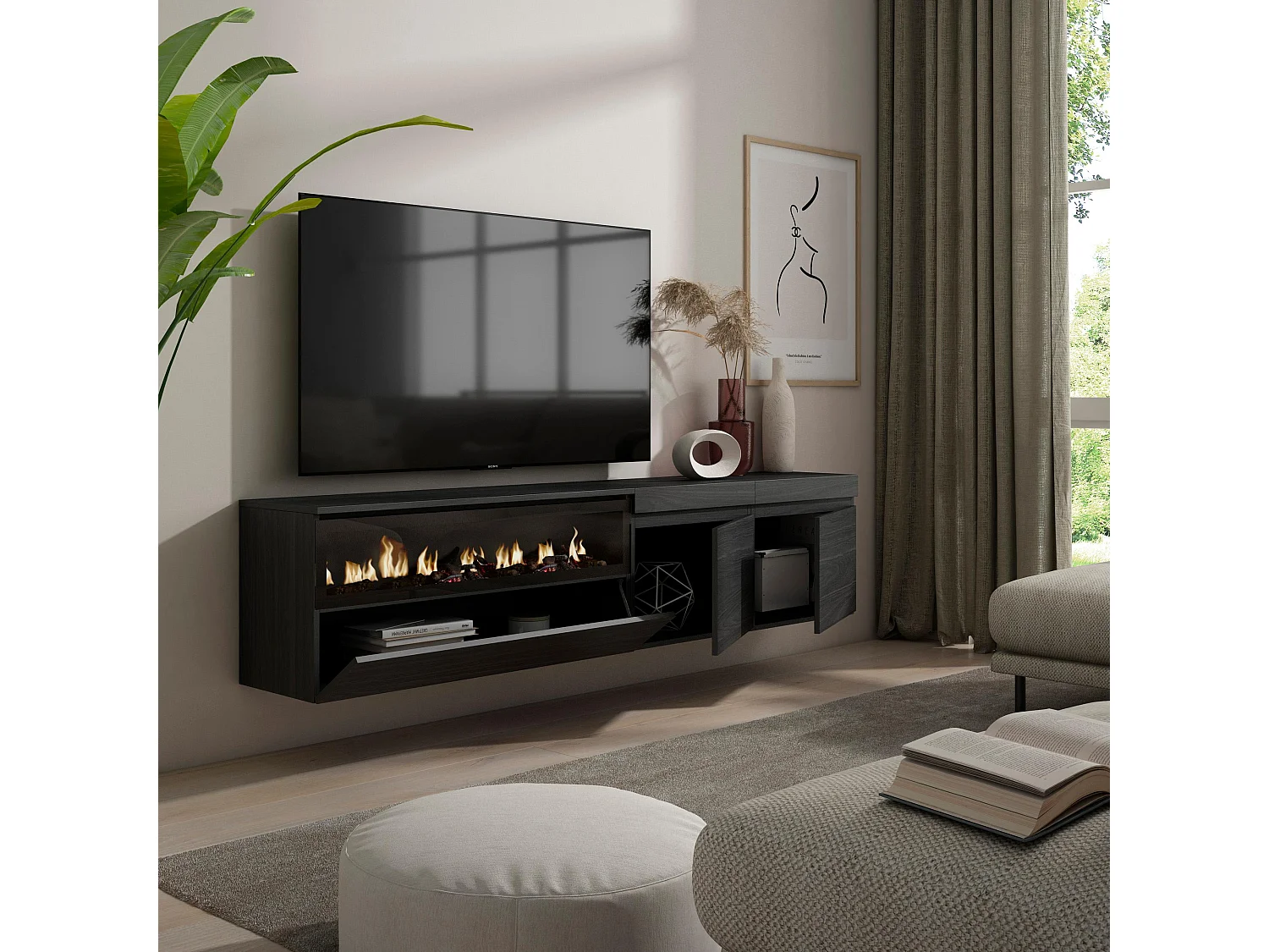 Mueble TV, Televisión, 200x35x45cm, Para TV hasta 80", Chimenea eléctrica, Colgado, Suspendido, Negro