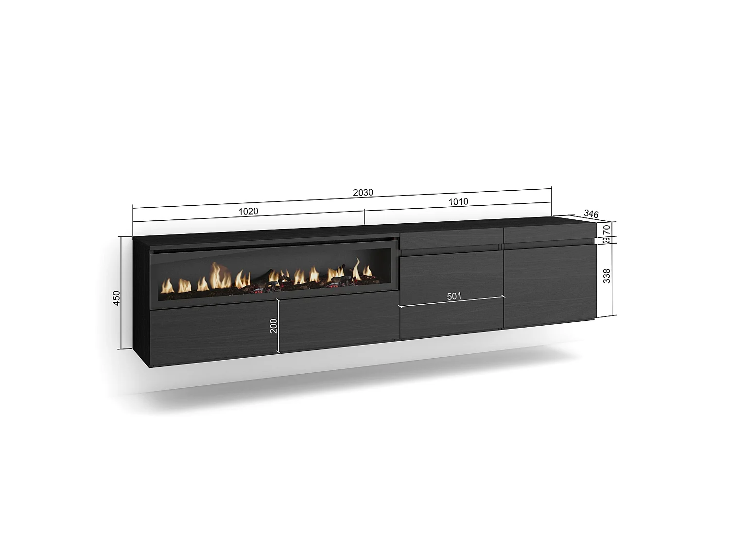 Mueble TV, Televisión, 200x35x45cm, Para TV hasta 80", Chimenea eléctrica, Colgado, Suspendido, Negro