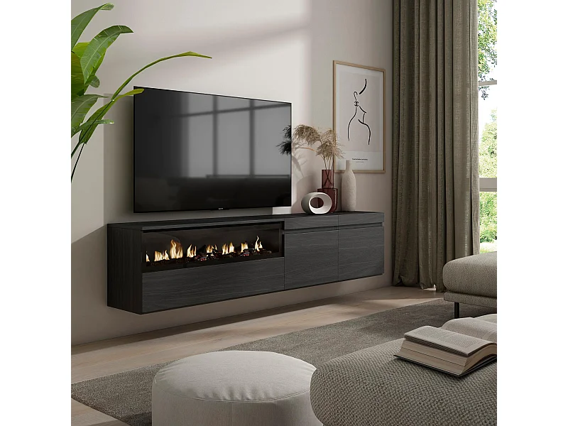 Mueble TV, Televisión, 200x35x45cm, Para TV hasta 80", Chimenea eléctrica, Colgado, Suspendido, Negro