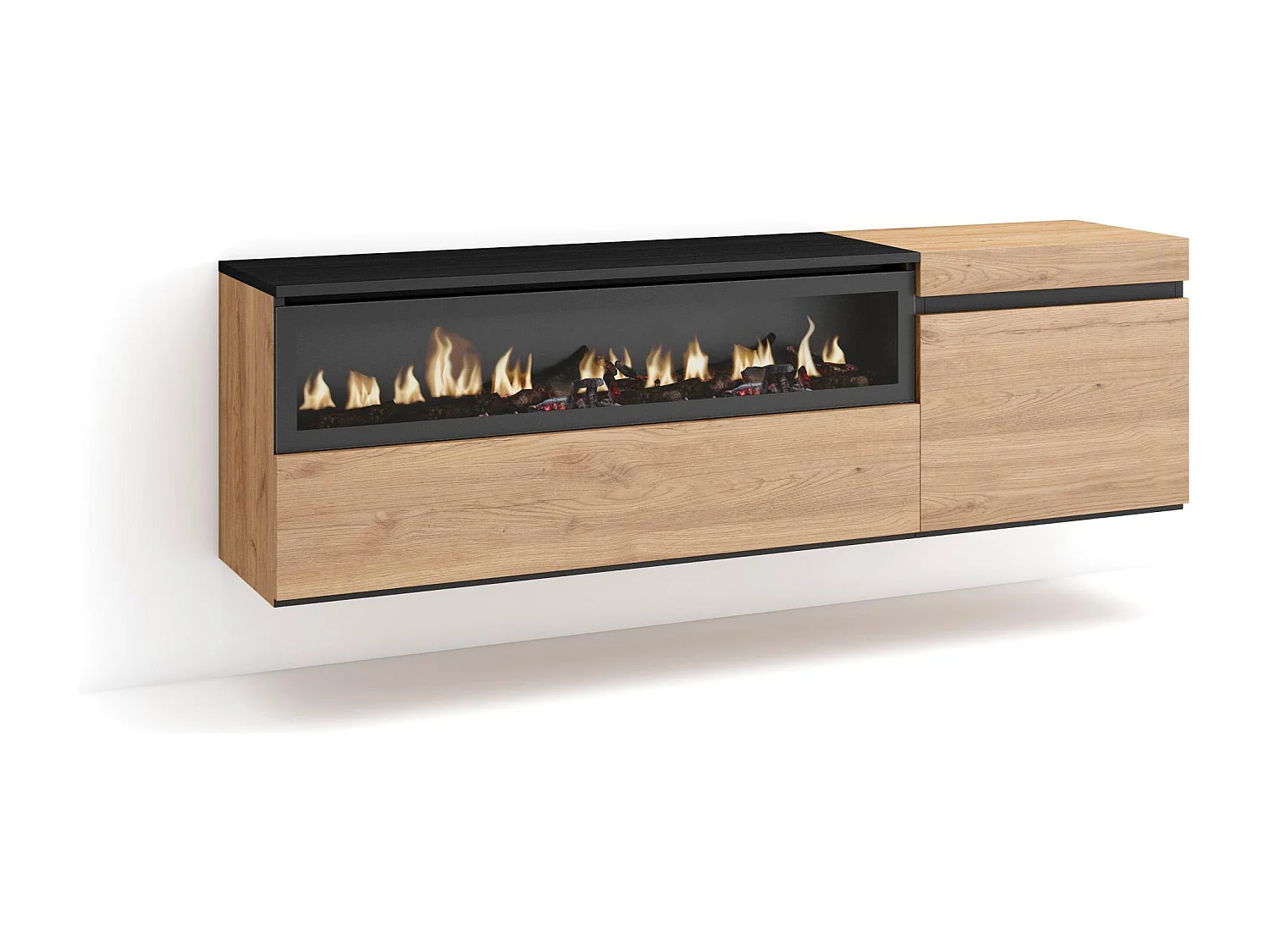 TV-Schrank, Lowboard, 150x35x45cm, Für TV-Geräte bis zu 65", Elektrokamin, Hängend, Eiche Schwarz