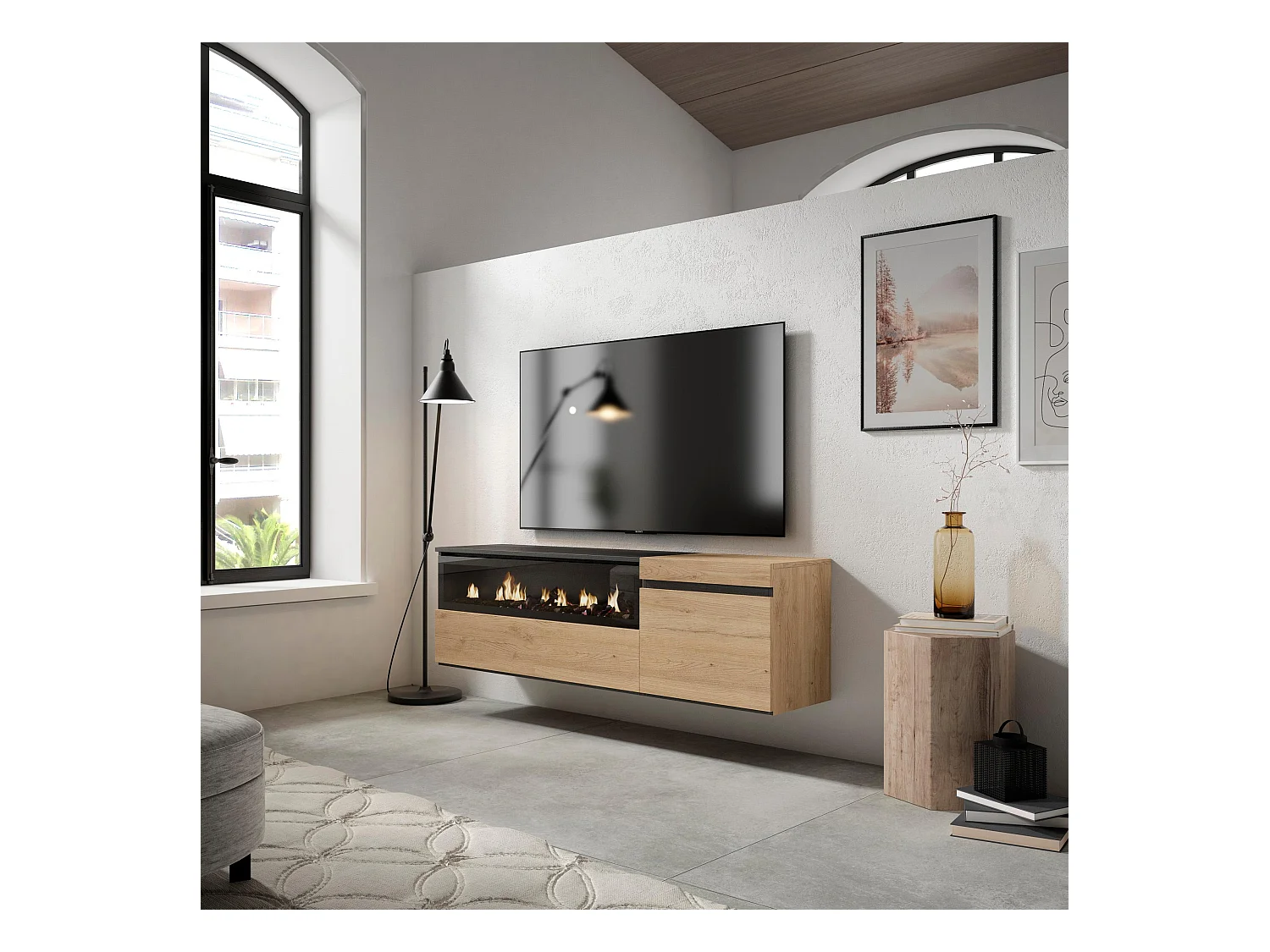 Meuble TV, Banc Télé, 150x35x45cm, Pour les TV jusqu'à 65", Cheminée électrique, Suspendu, Mural, Chêne et noir