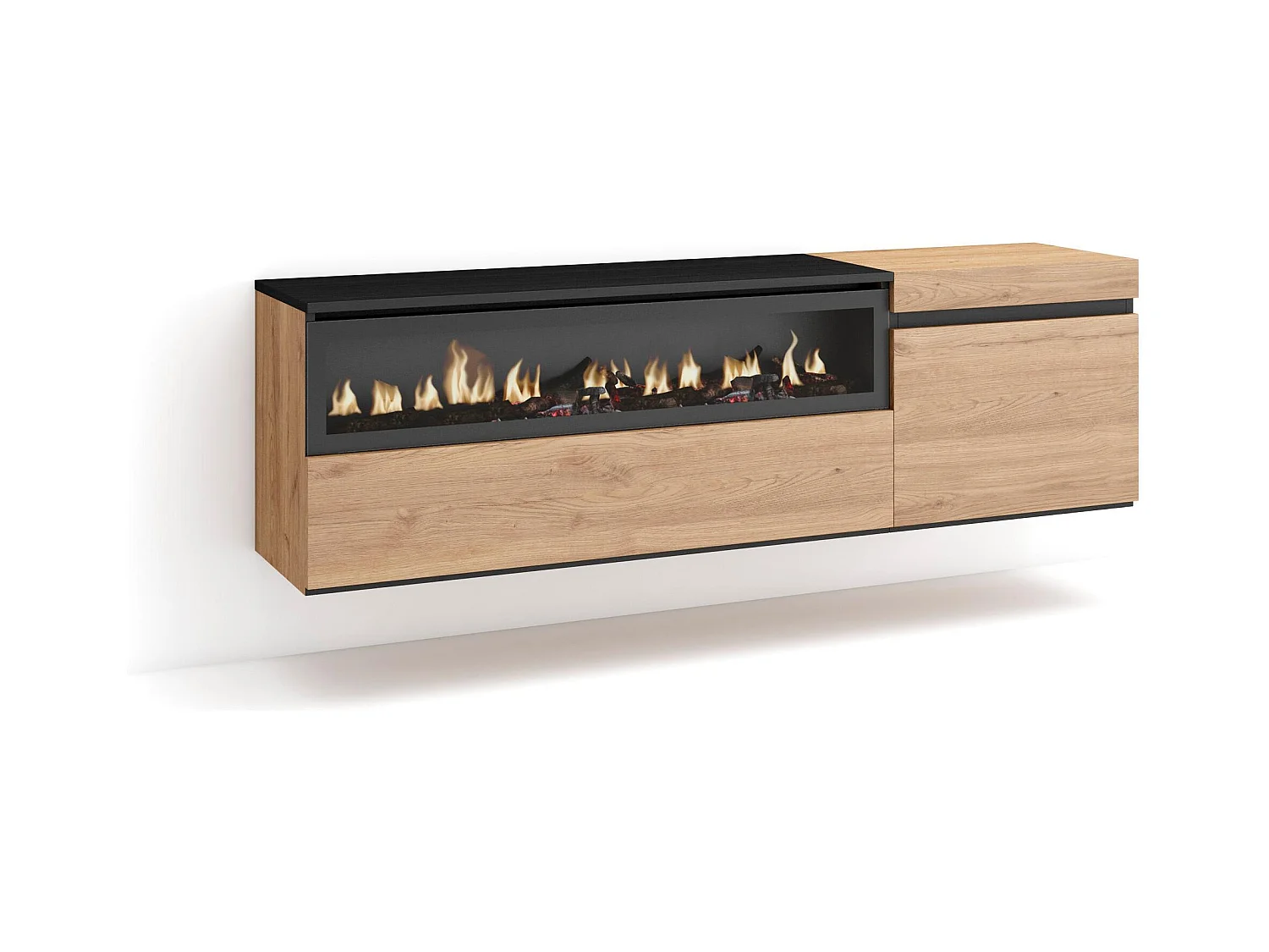 TV-Meubel, Lowboard, 150x35x45cm, Voor tv's tot 65", Elektrische haard, Hangend, Eiken/Zwart