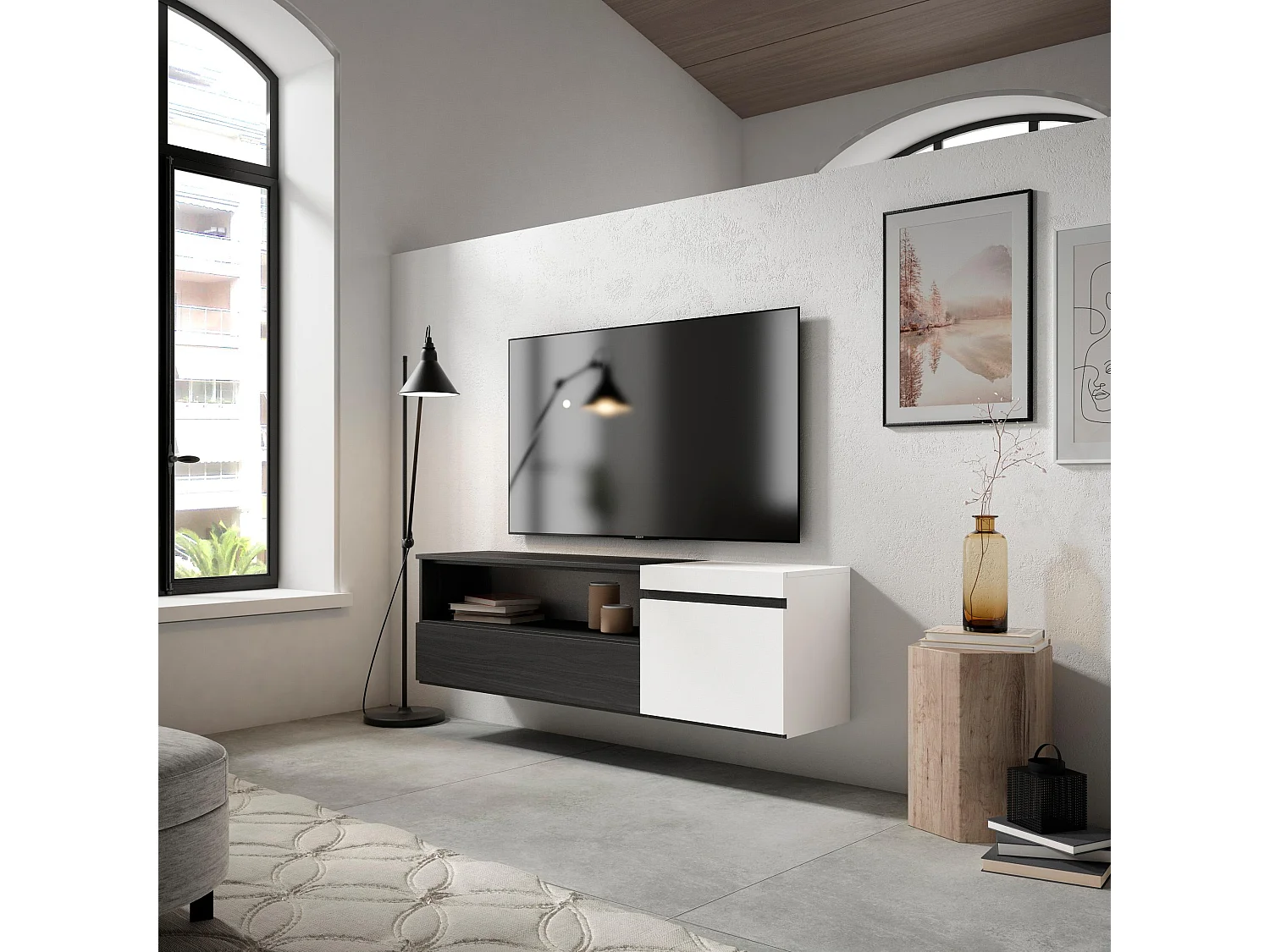 TV-Meubel, Lowboard, 150x35x45cm, Voor tv's tot 65", Hangend, Wit en Zwart