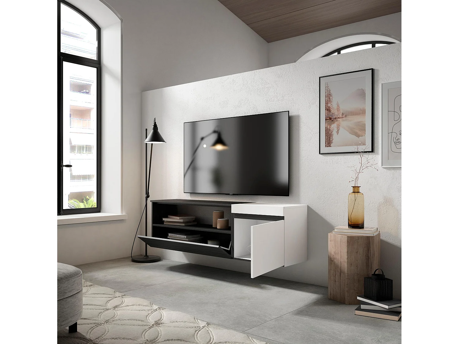 TV-Meubel, Lowboard, 150x35x45cm, Voor tv's tot 65", Hangend, Wit en Zwart