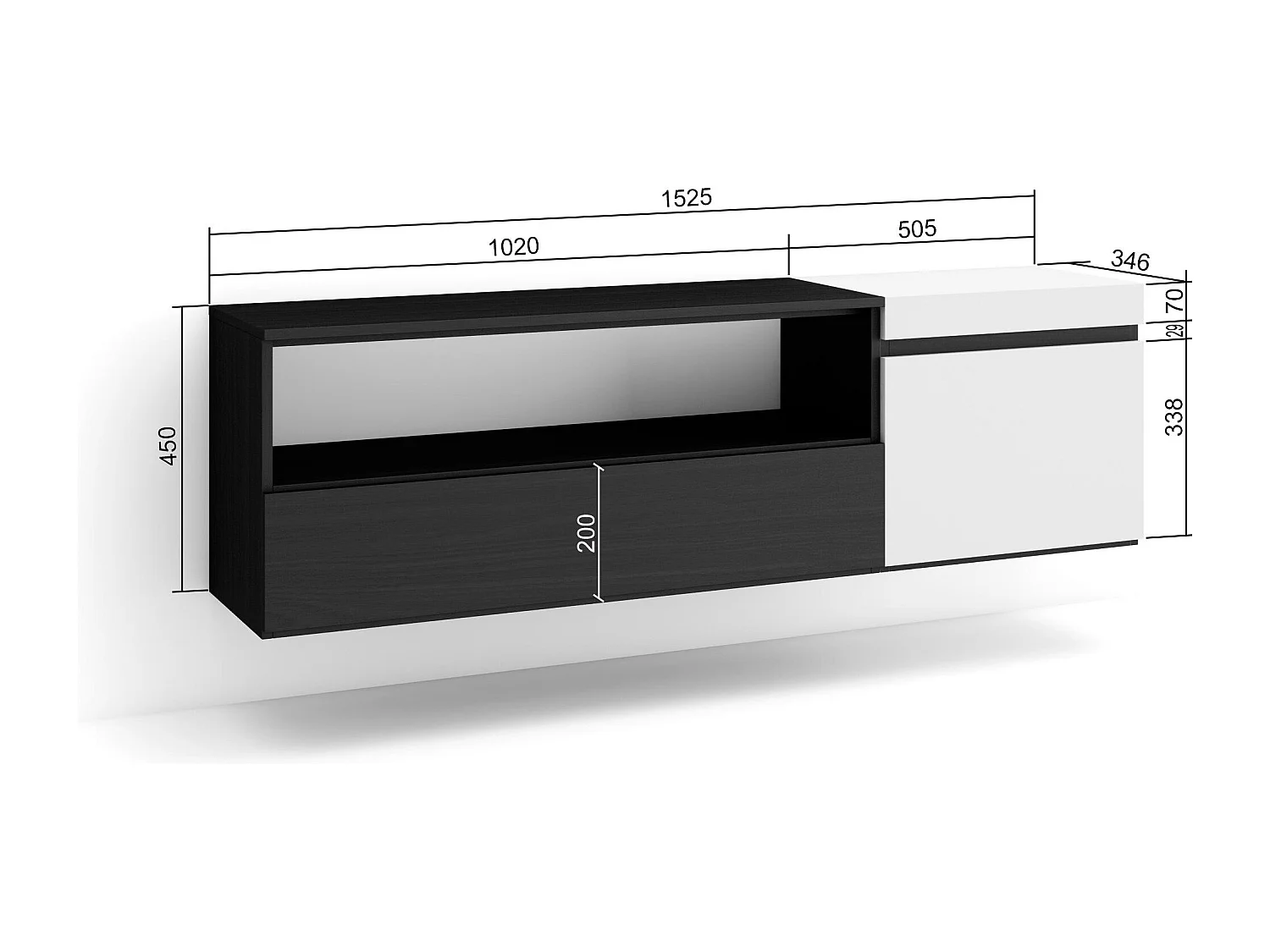Meuble TV, Banc Télé, 150x35x45cm, Pour les TV jusqu'à 65", Suspendu, Mural, Blanc et noir
