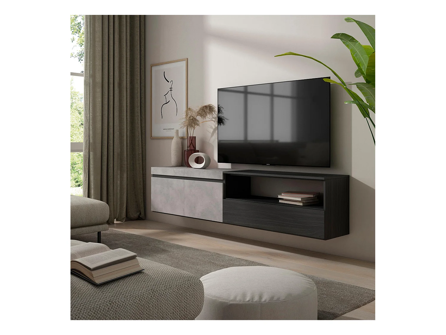 Meuble TV, Banc Télé, 200x35x45cm, Pour les TV jusqu'à 80", Suspendu, Mural, Ciment