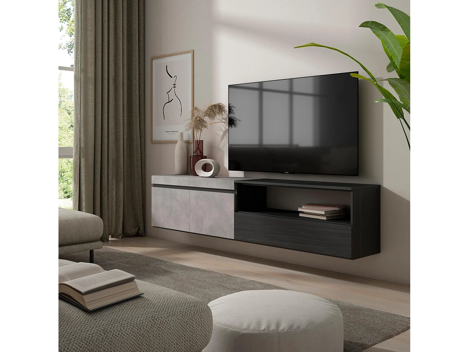 TV-Meubel, Lowboard, 200x35x45cm, Voor tv's tot 80", Hangend, Cement